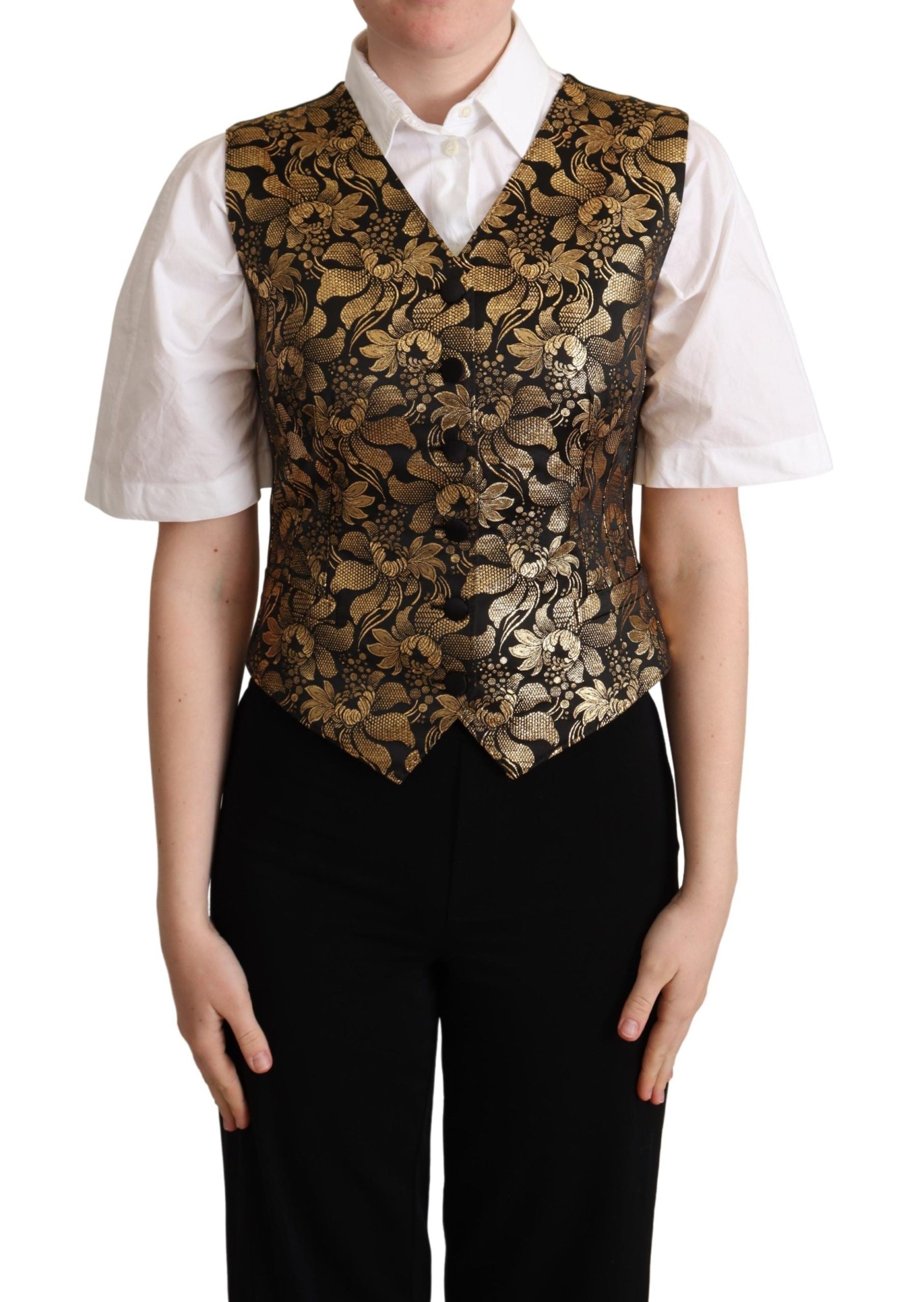 Gilet en jacquard de soie noir et or de Dolce & Gabbana, veste élégante avec motifs sophistiqués.