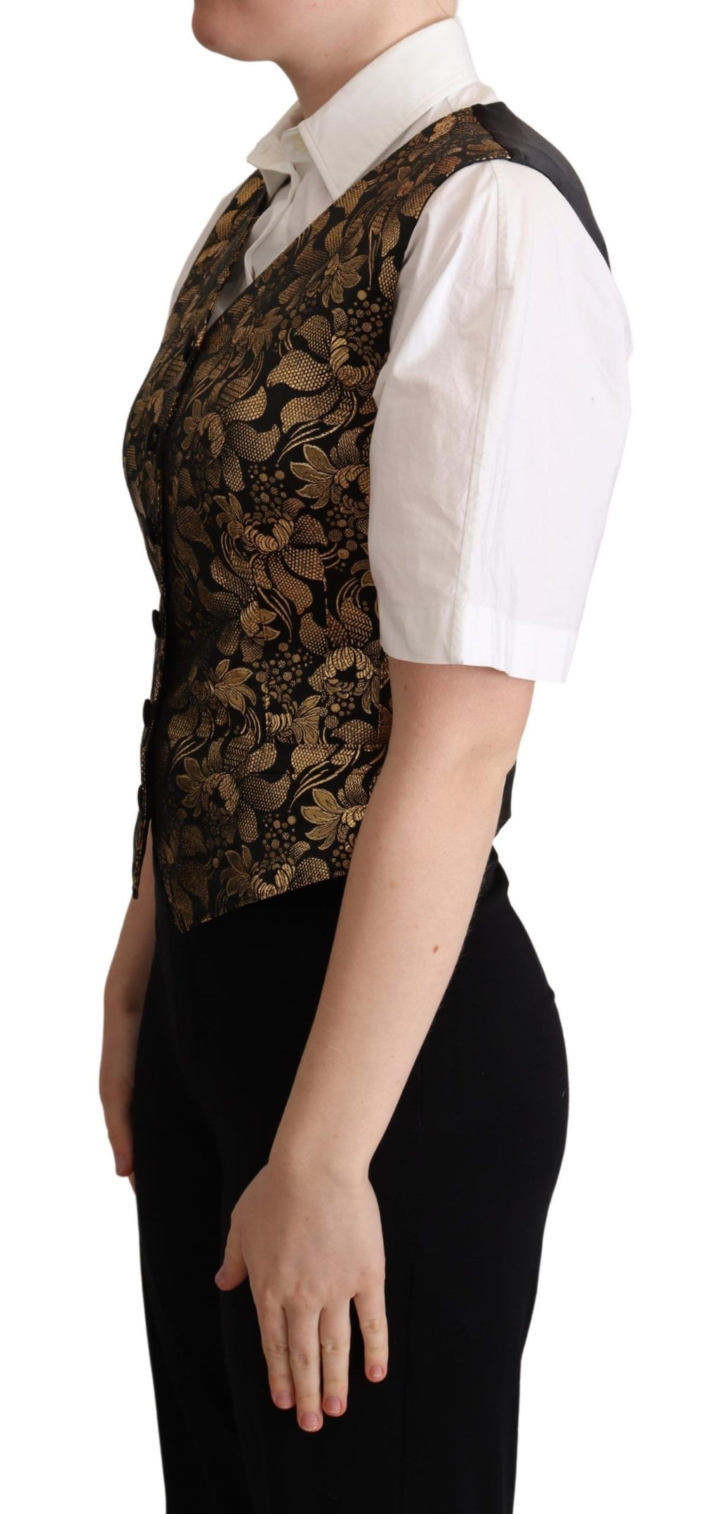 Gilet en jacquard de soie noir et or de Dolce & Gabbana, élégant, avec motif sophistiqué et finition raffinée.