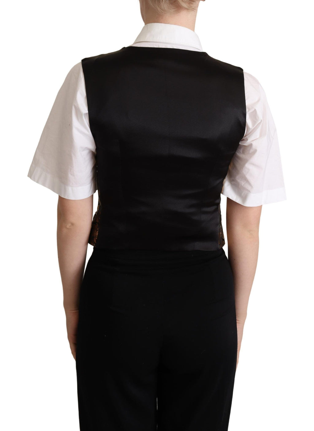 Gilet en jacquard de soie noir et or de Dolce & Gabbana, veste ajustée avec détails élégants et motifs sophistiqués.