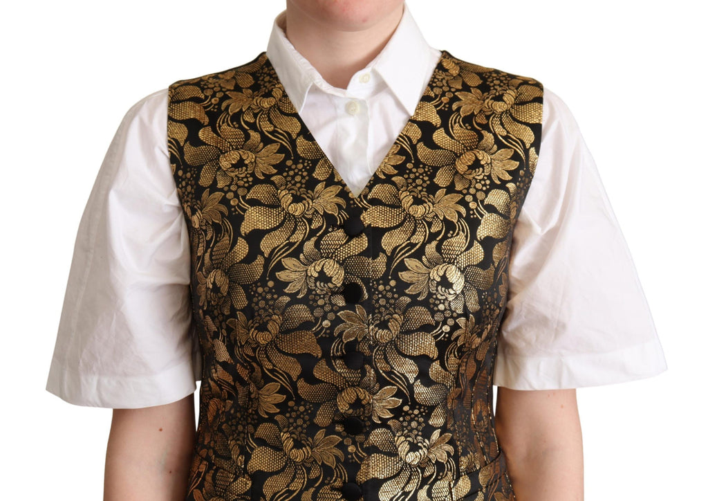 Gilet en jacquard de soie noir et or Dolce & Gabbana, élégant et sophistiqué, avec motifs tissés raffinés.