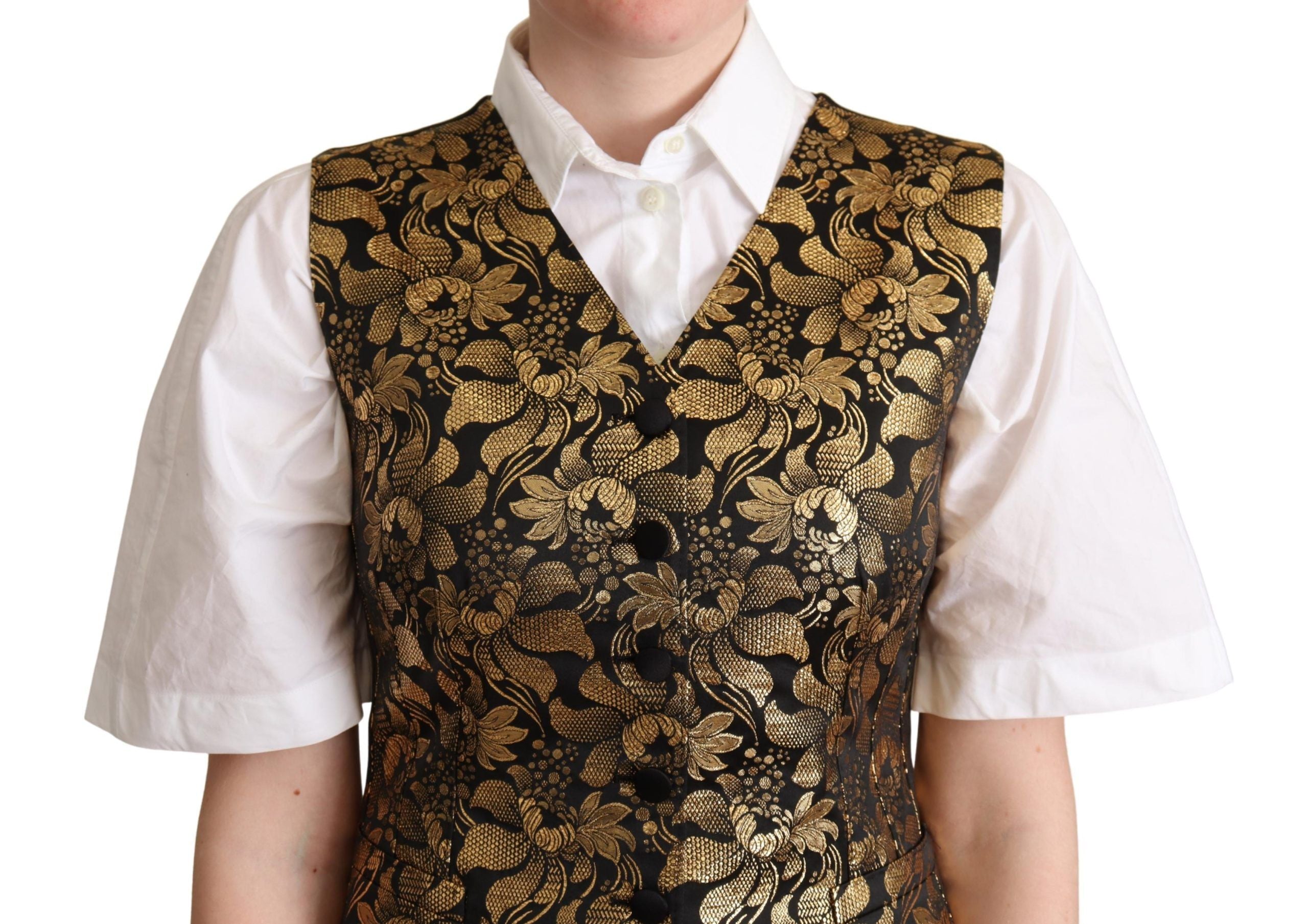 Gilet en jacquard de soie noir et or Dolce & Gabbana, élégant et sophistiqué, avec motifs tissés raffinés.