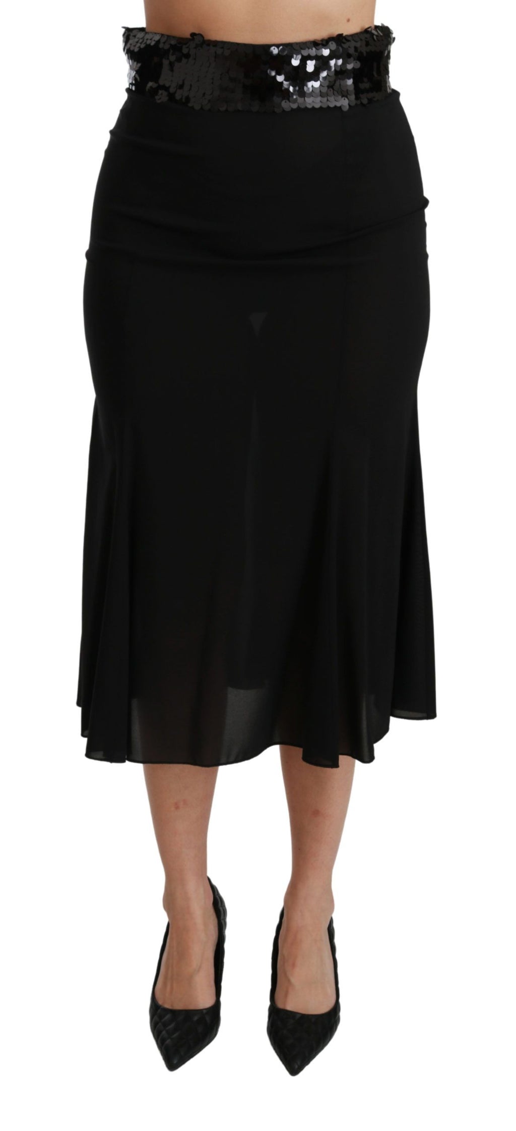 Jupe midi sirène en soie noire à taille haute de Dolce & Gabbana, élégante et fluide, visible avec détails de couture.
