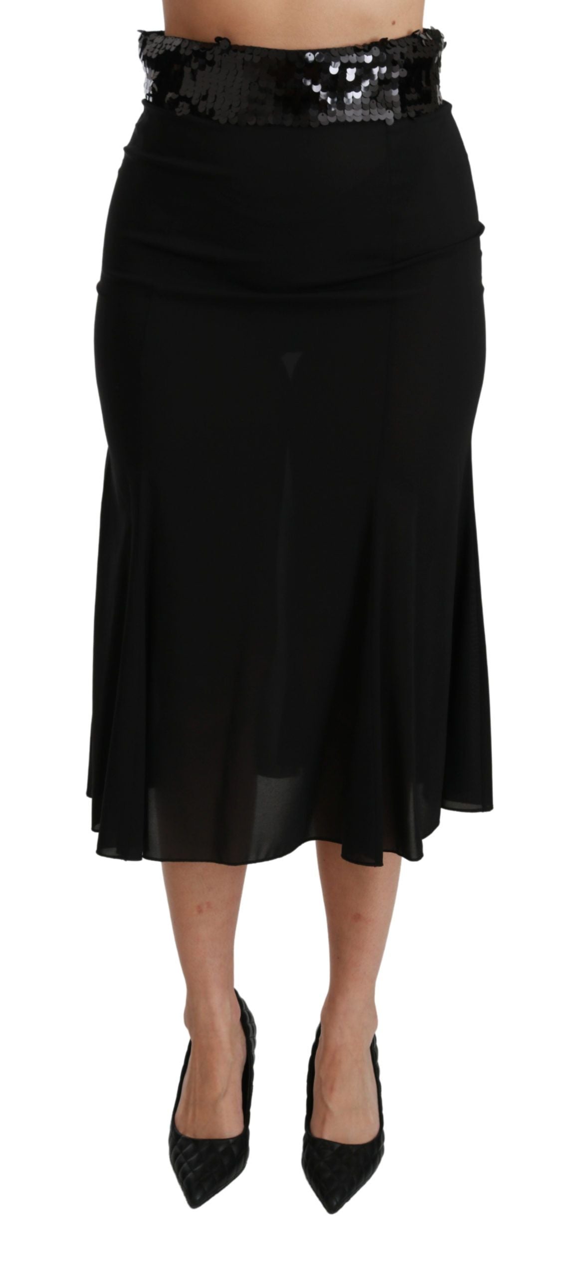 Jupe midi sirène en soie noire à taille haute de Dolce & Gabbana, élégante et fluide, visible avec détails de couture.