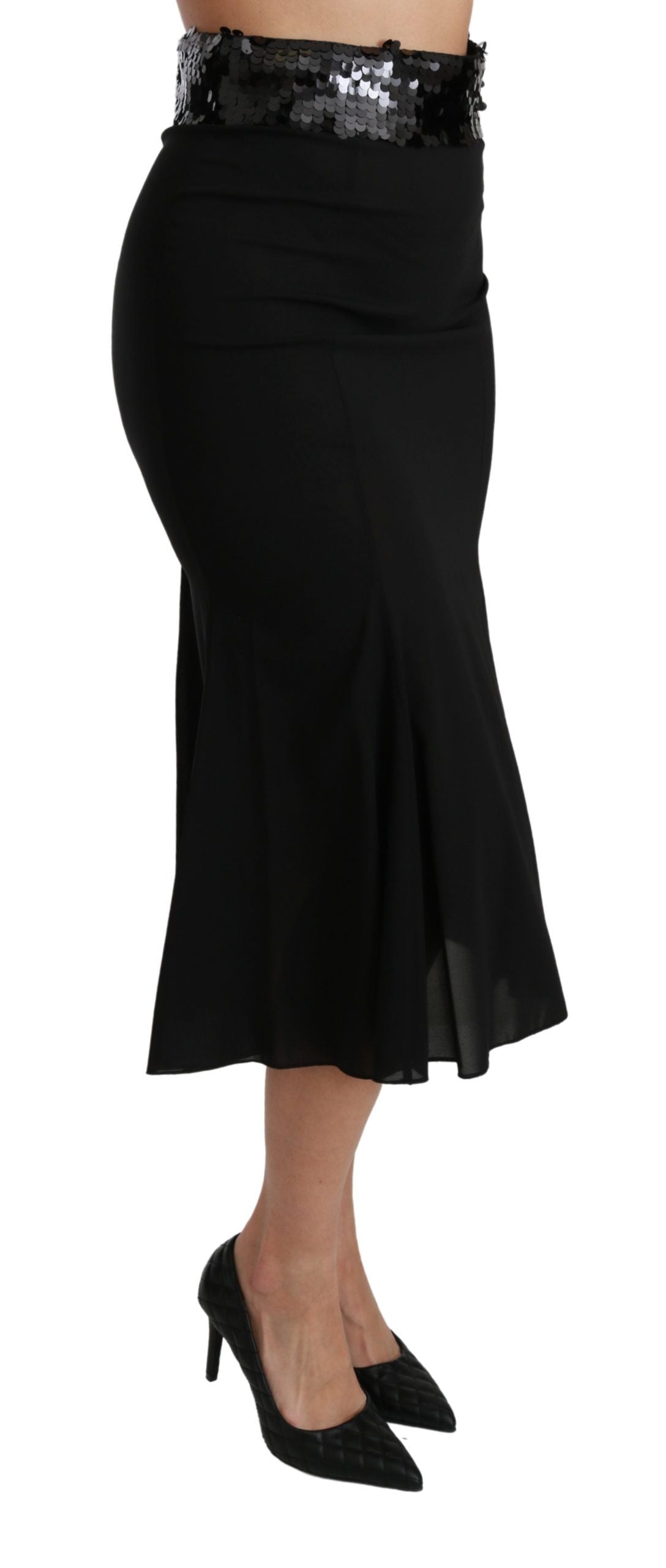 Jupe midi sirène en soie noire à taille haute de Dolce & Gabbana, élégante et sophistiquée.