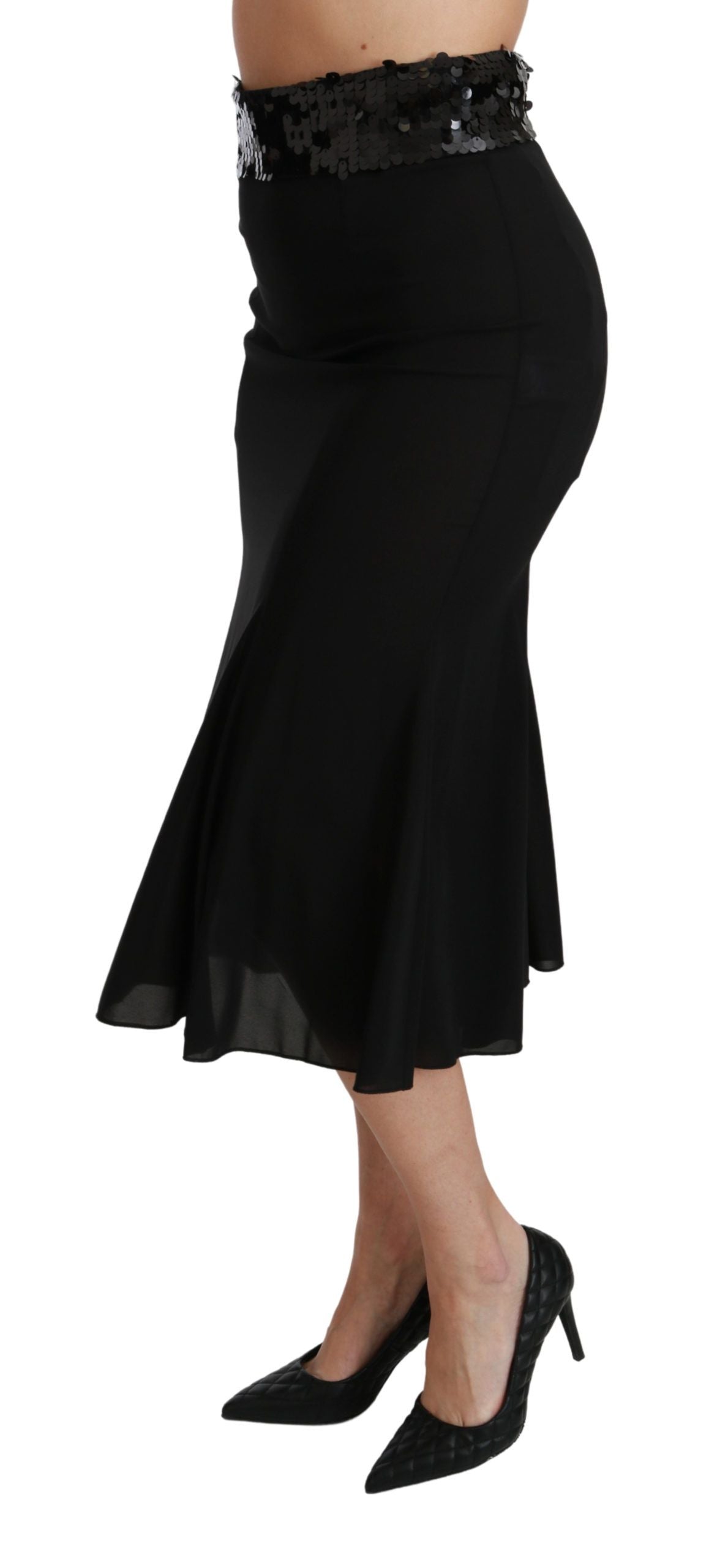 Jupe sirène midi en soie noire à taille haute de Dolce & Gabbana, élégante et fluide.