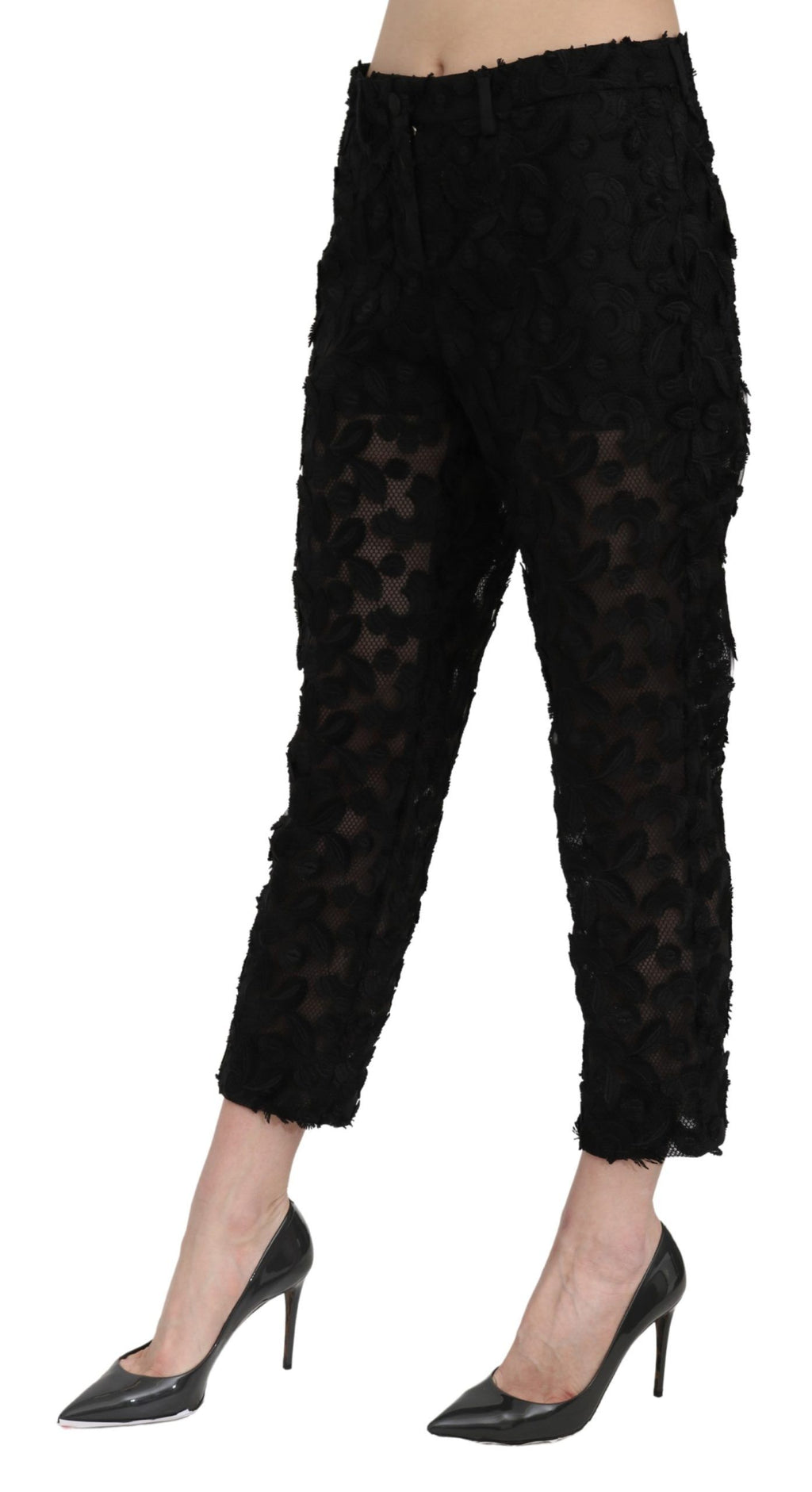 Pantalons noirs Dolce & Gabbana en dentelle, coupe droite, taille haute, coupe cropped, élégants et sophistiqués.