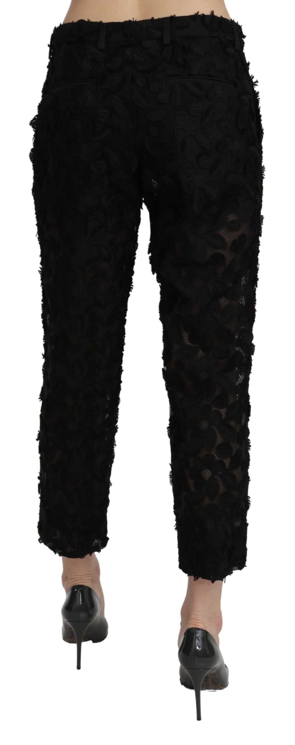 Pantalon cropped noir en dentelle à taille haute de Dolce & Gabbana, coupe droite, détail élégant et sophistiqué.