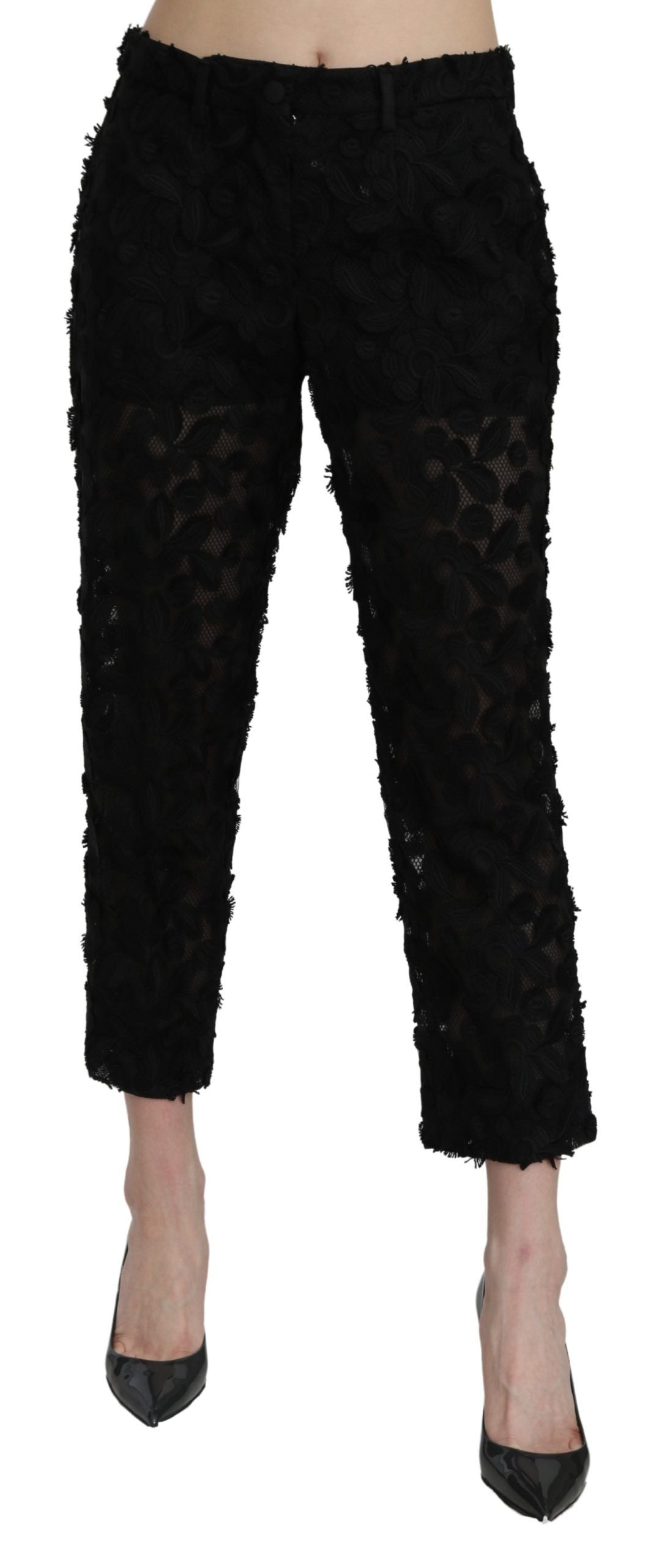 Pantalons noirs Dolce & Gabbana en dentelle, coupe droite, taille haute, pantalons cropped pour un style élégant.