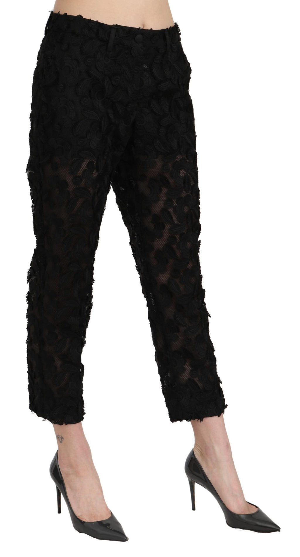 Pantalons droits et cropped en dentelle noire de Dolce & Gabbana, taille haute élégante, mode sophistiquée pour femme.