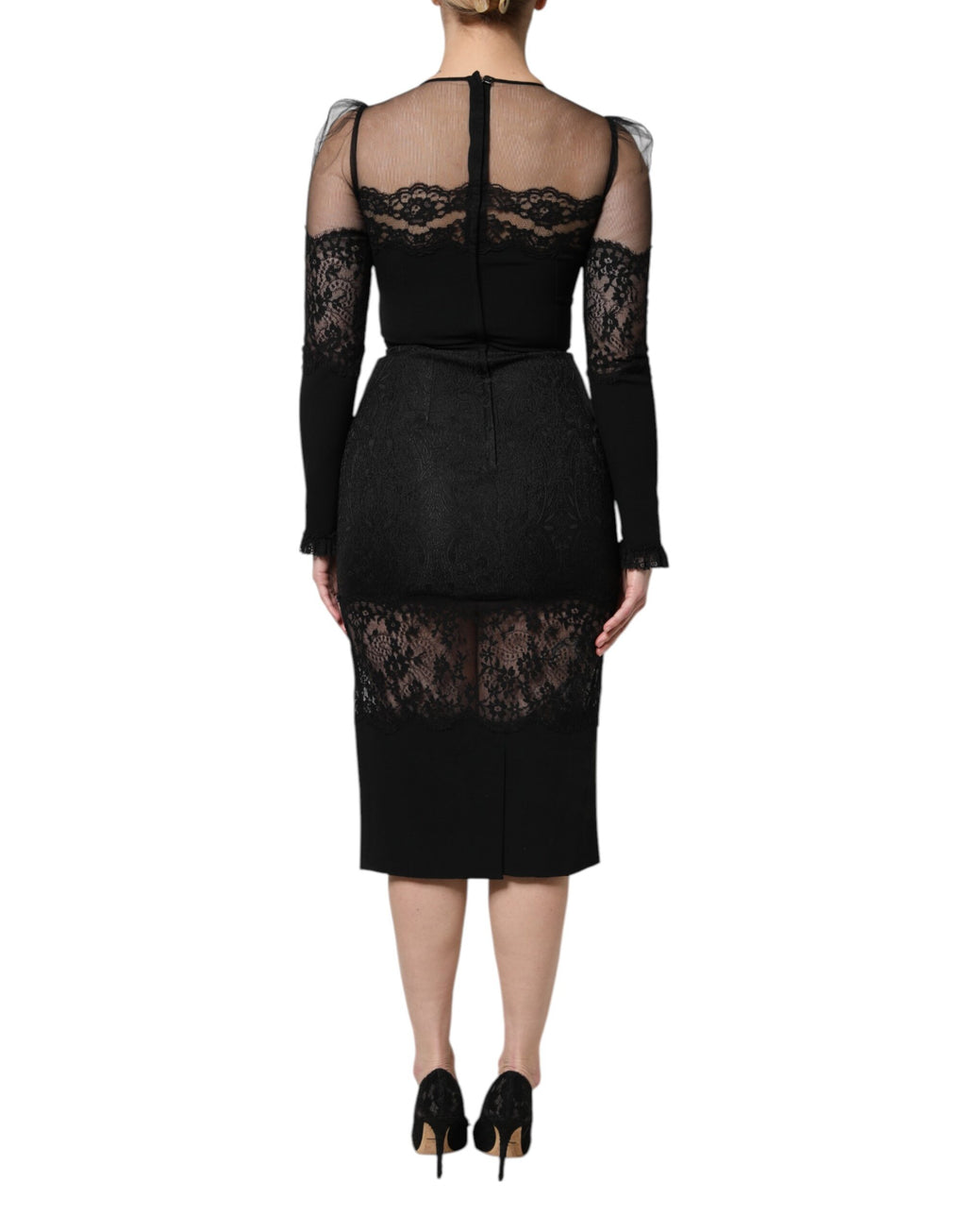Robe midi noire en tulle avec bordure en dentelle en nylon de Dolce & Gabbana, coupe ajustée et élégante.