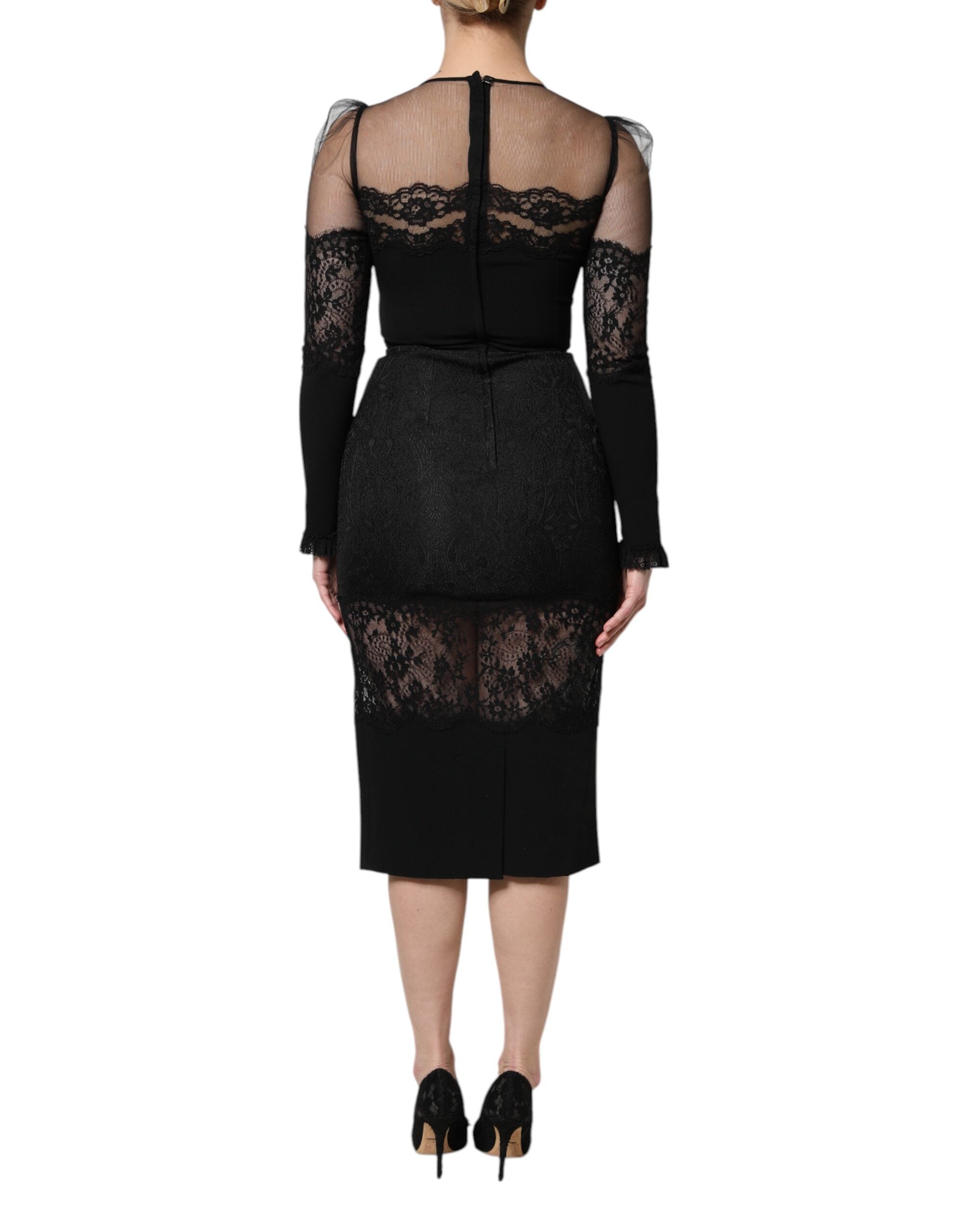 Robe midi noire en tulle avec bordure en dentelle en nylon de Dolce & Gabbana, coupe ajustée et élégante.