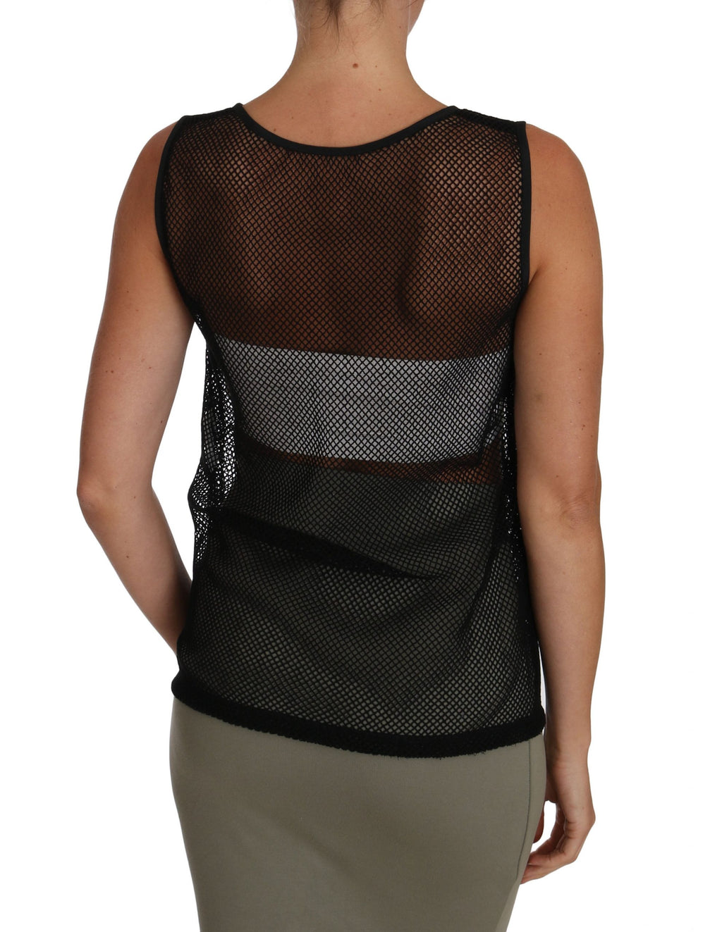 Blouse en mesh noir transparente de Dolce & Gabbana, t-shirt élégant avec détails fins et style sophistiqué visible sur l'image.