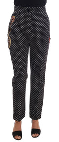 Pantalon noir à pois Dolce & Gabbana Sicily avec cristaux, élégant pantalon en tissu léger et chic.