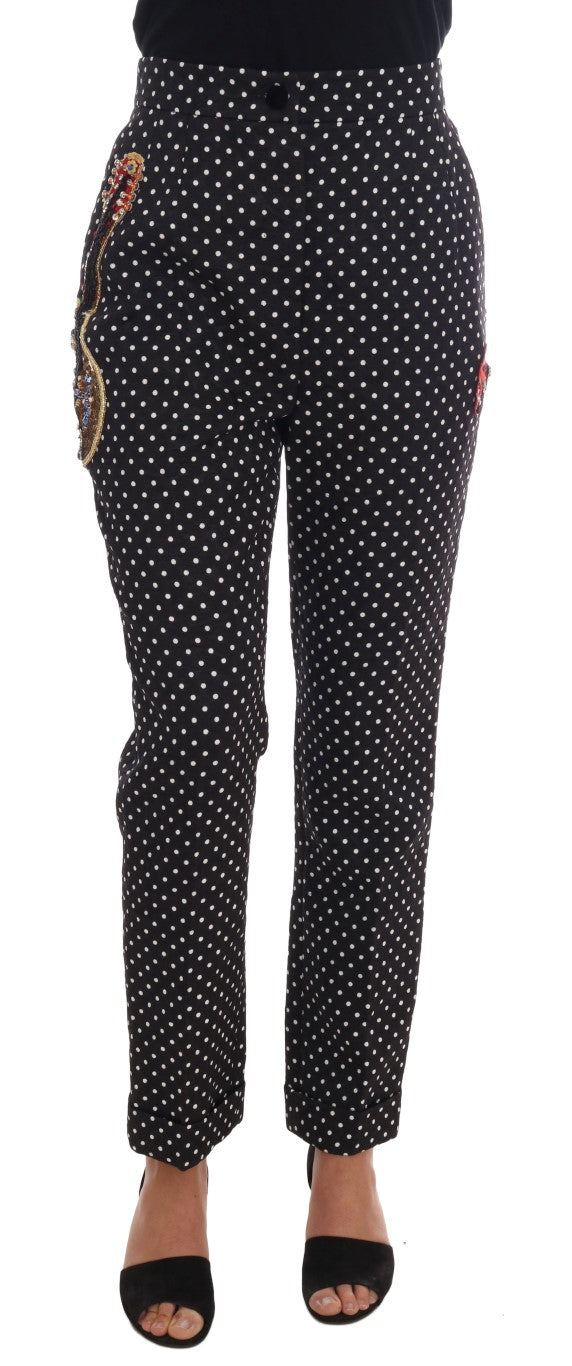 Pantalon noir à pois Dolce & Gabbana Sicily avec cristaux, élégant pantalon en tissu léger et chic.