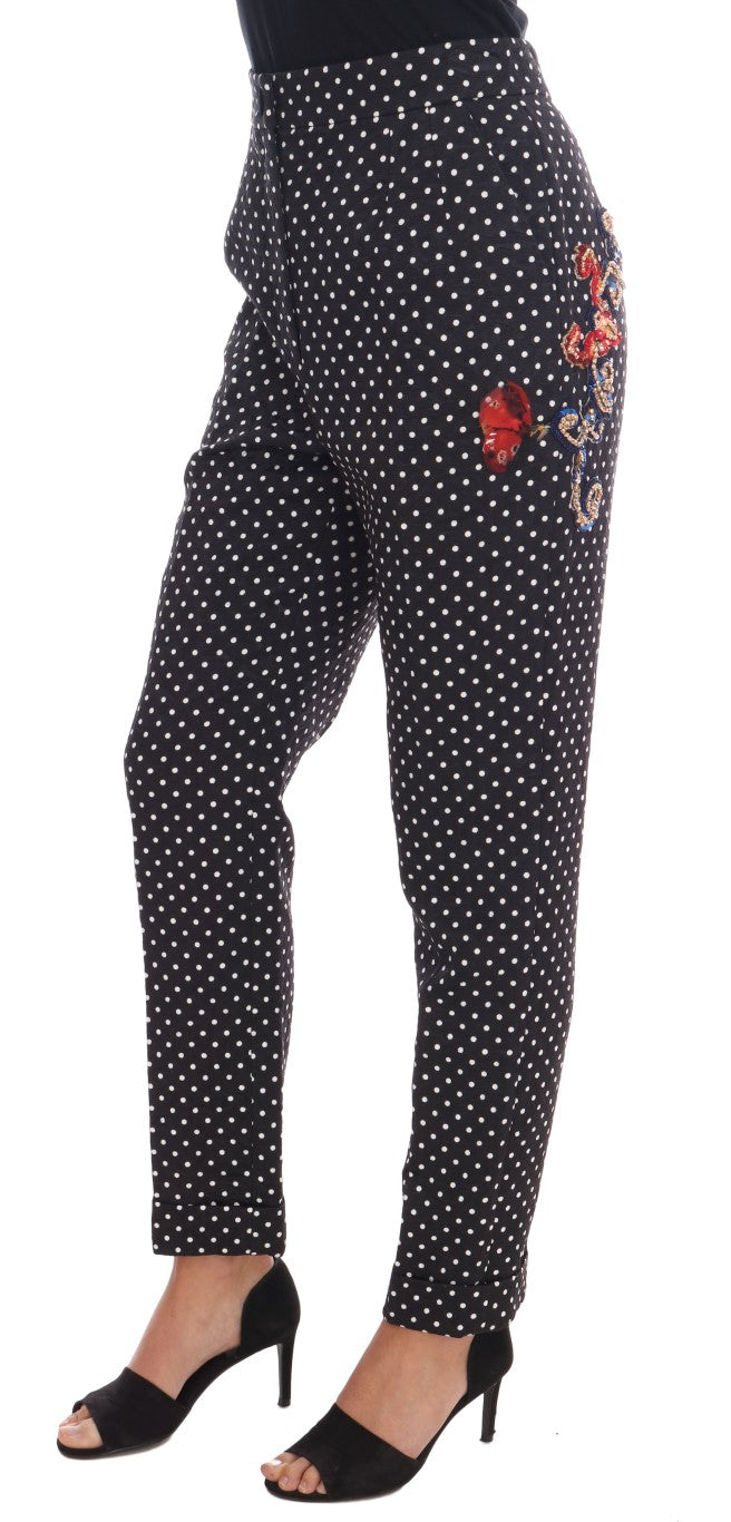 Pantalon noir à pois Dolce & Gabbana Sicily en cristal, style élégant avec motifs à pois noirs et cristaux brillants.
