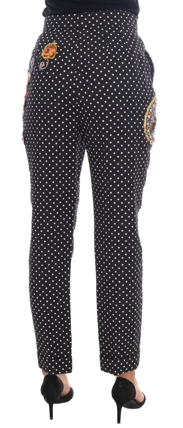 Pantalon noir à pois Dolce & Gabbana Sicily avec cristaux, style élégant et moderne, vue de face.