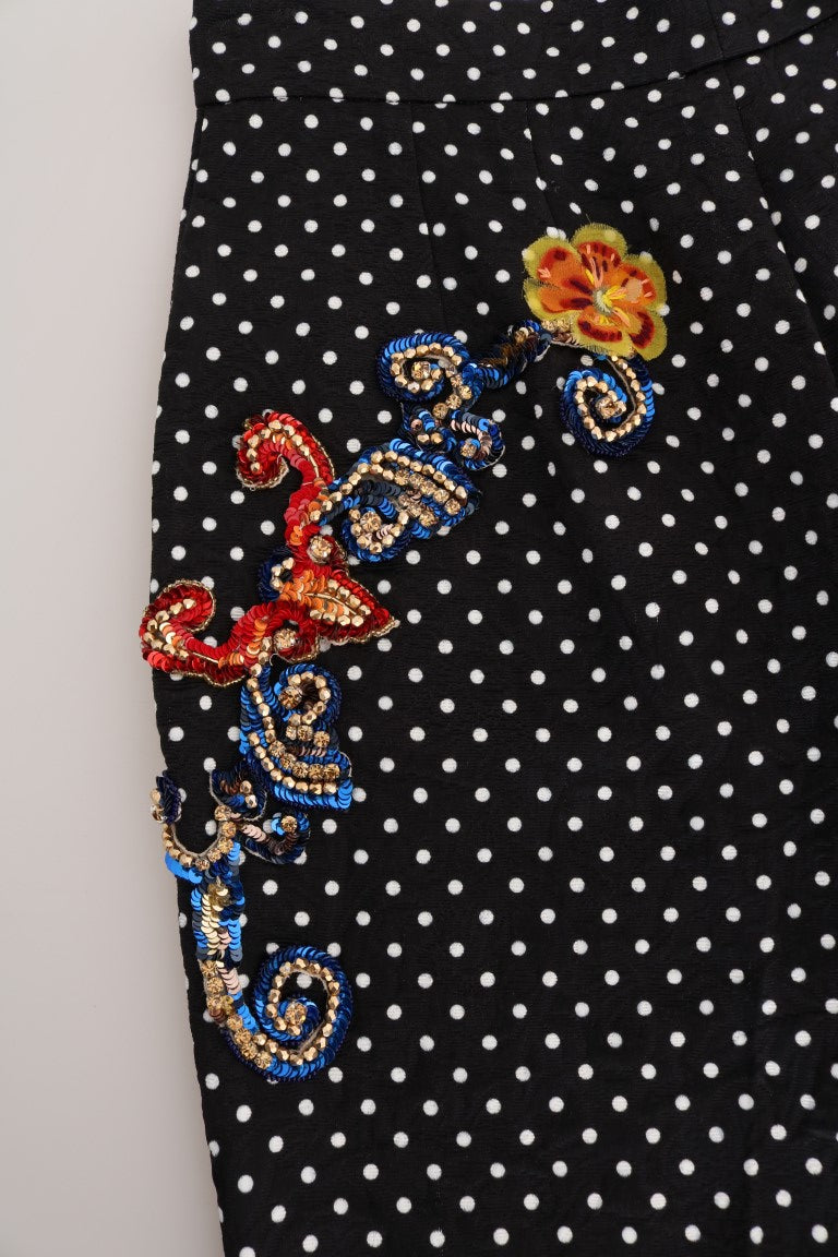 Pantalon noir à pois blancs Dolce & Gabbana Sicily avec cristaux, élégance et style sophistiqué.