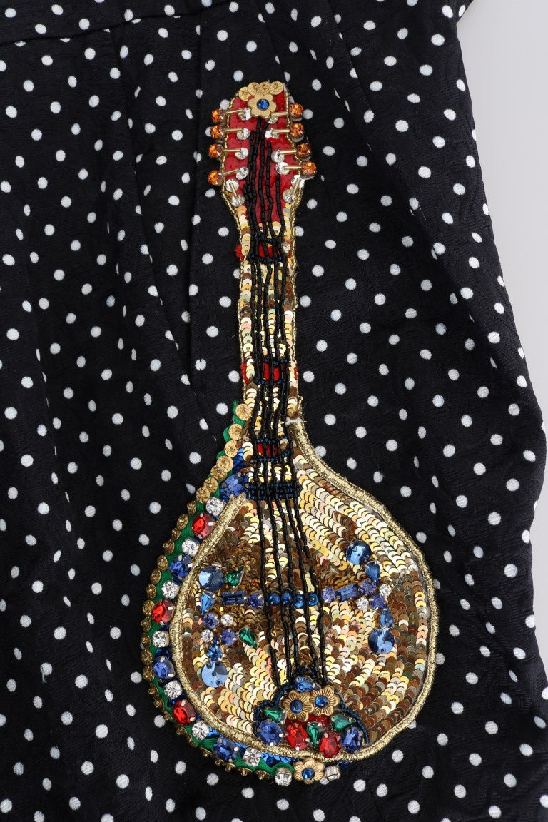 Pantalons Dolce & Gabbana Sicily noirs à pois blancs et cristaux, style élégant et sophistiqué.