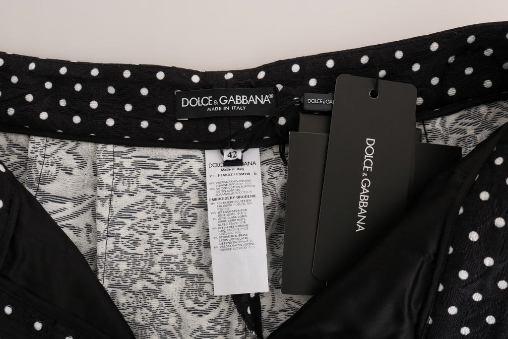 Pantalon noir à pois Dolce & Gabbana Sicily avec cristaux, style élégant et tendance, visible en gros plan.