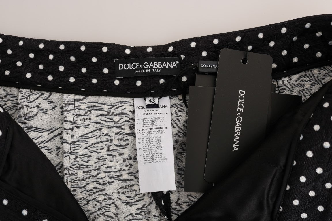 Pantalon noir à pois Dolce & Gabbana Sicily avec cristaux, style élégant et tendance, visible en gros plan.