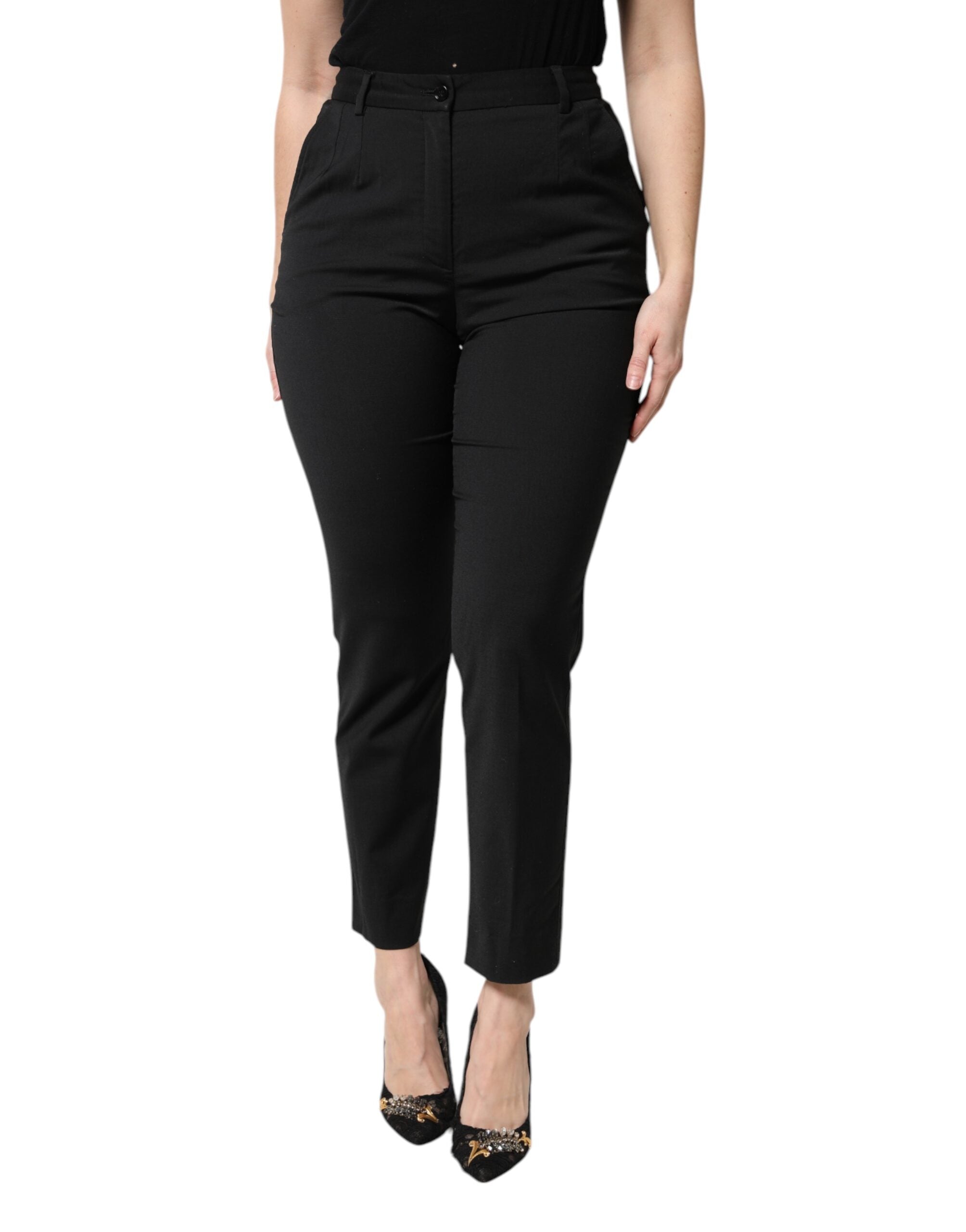 Pantalons slim en polyester noir à taille haute de Dolce & Gabbana, coupe élégante et moderne pour femmes.