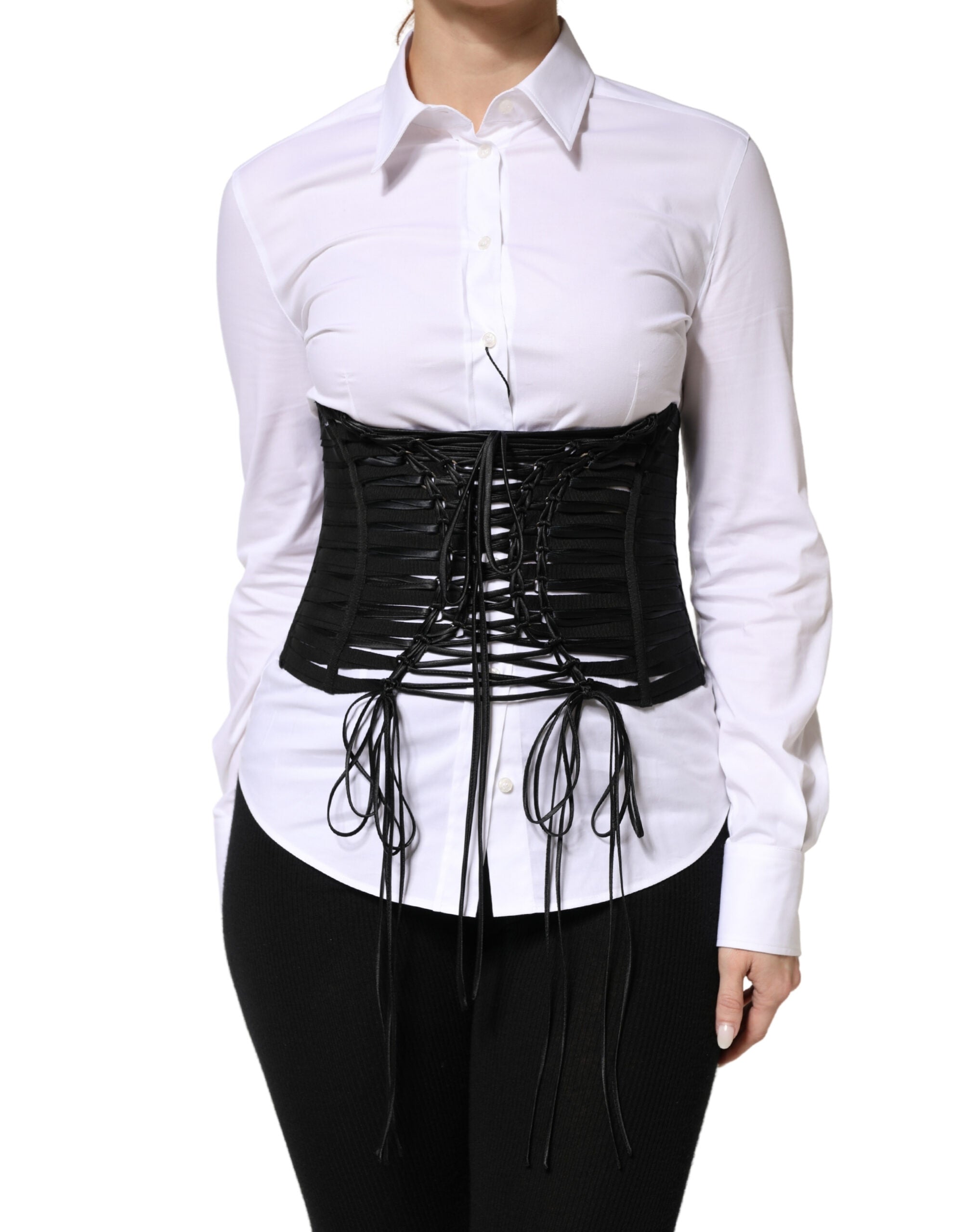 Corset Dolce & Gabbana en polyester noir avec laçage à la taille, ajusté et élégant, visible en détail sur l'image.