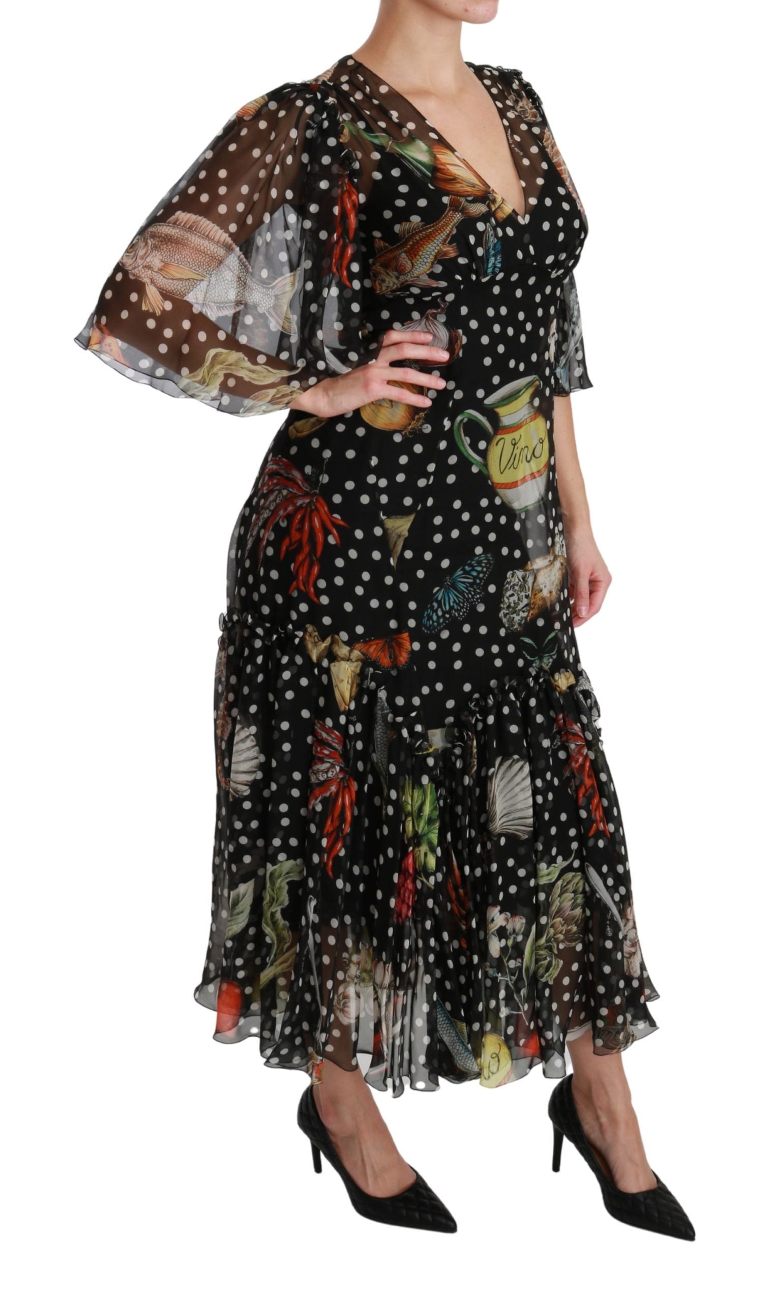 Robe trapèze Dolce & Gabbana Sea Fish Sicily noire à motif, style élégant et fluide, en tissu léger.