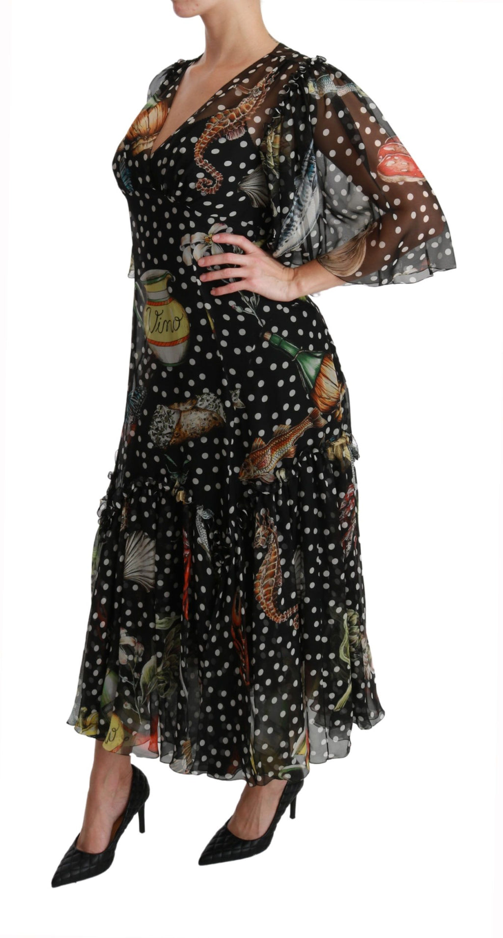 Robe trapèze noire Dolce & Gabbana Sea Fish Sicily avec motif poisson, vue de face sur un fond blanc.