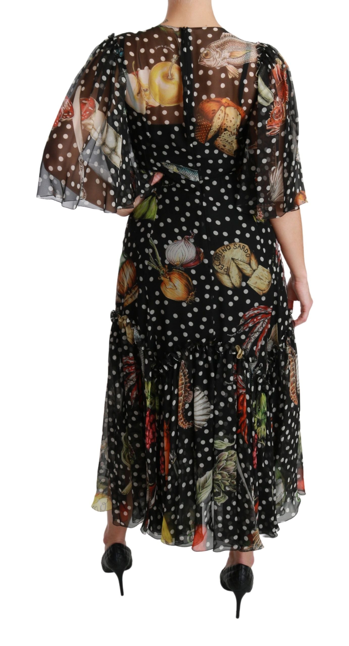 Robe trapèze noire Dolce & Gabbana Sea Fish Sicily avec motif poisson, vue de face, en tissu fluide, style élégant et décontracté.