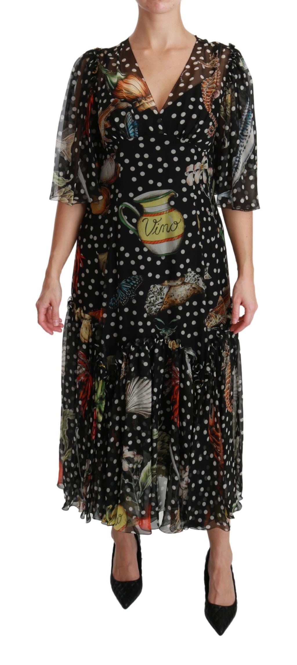 Robe trapèze noire Dolce & Gabbana Sea Fish Sicily avec motif poisson, en tissu léger, vue de face.