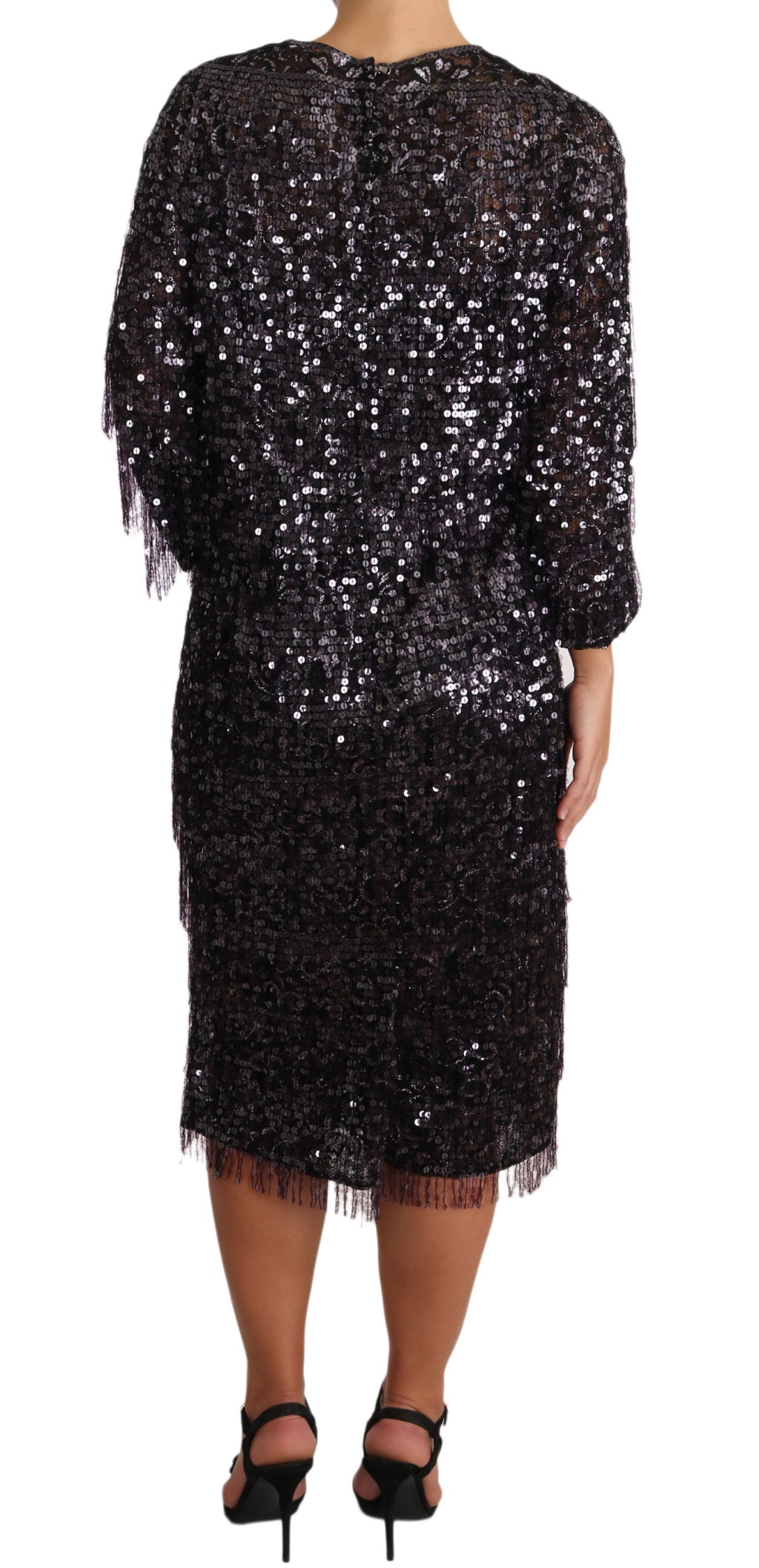 Robe midi longue Dolce & Gabbana à manches longues en sequins noirs, silhouette élégante et chic.