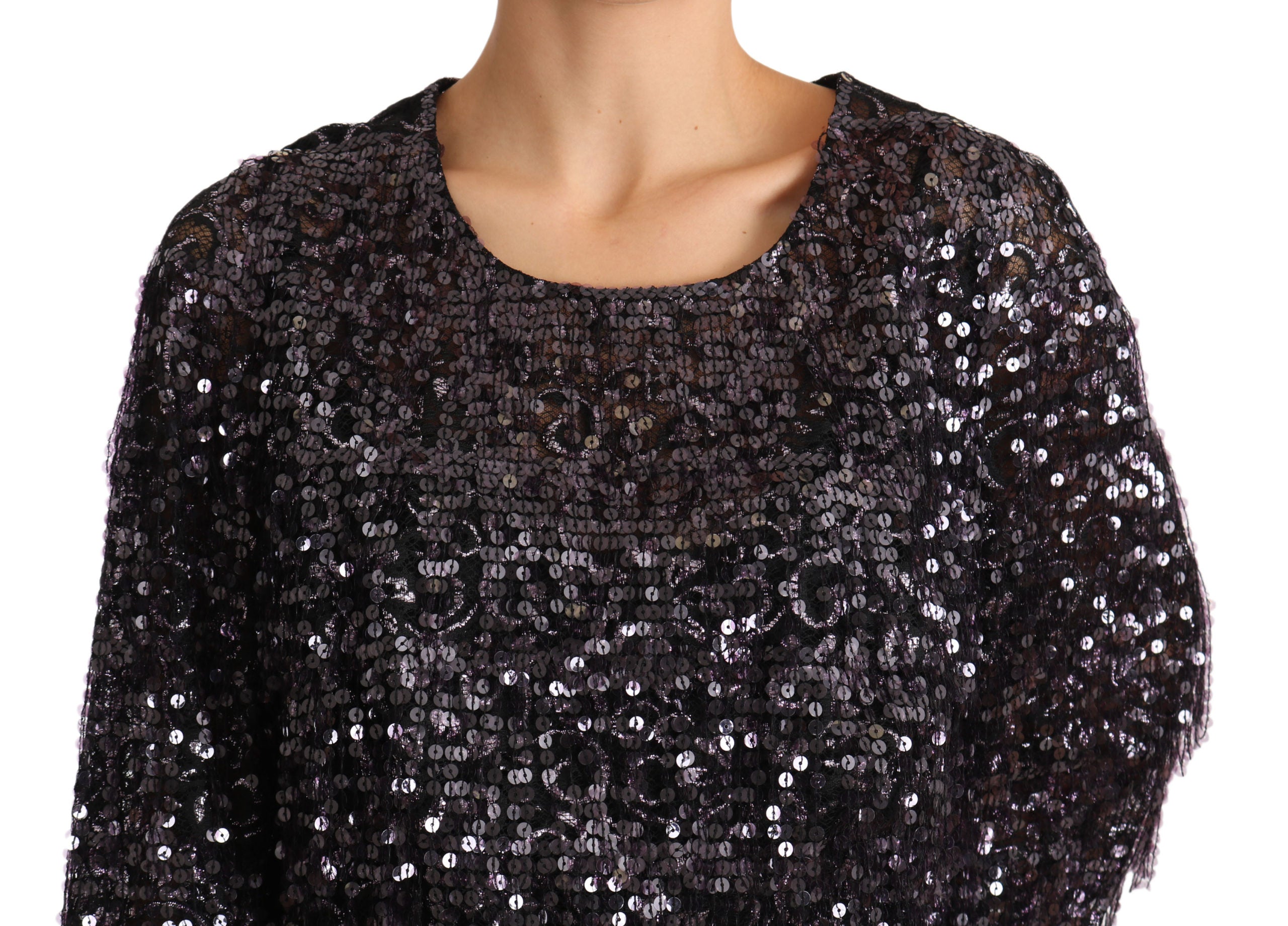 Robe midi noire à sequins Dolce & Gabbana à manches longues, coupe droite, élégante et brillante, vue de face.