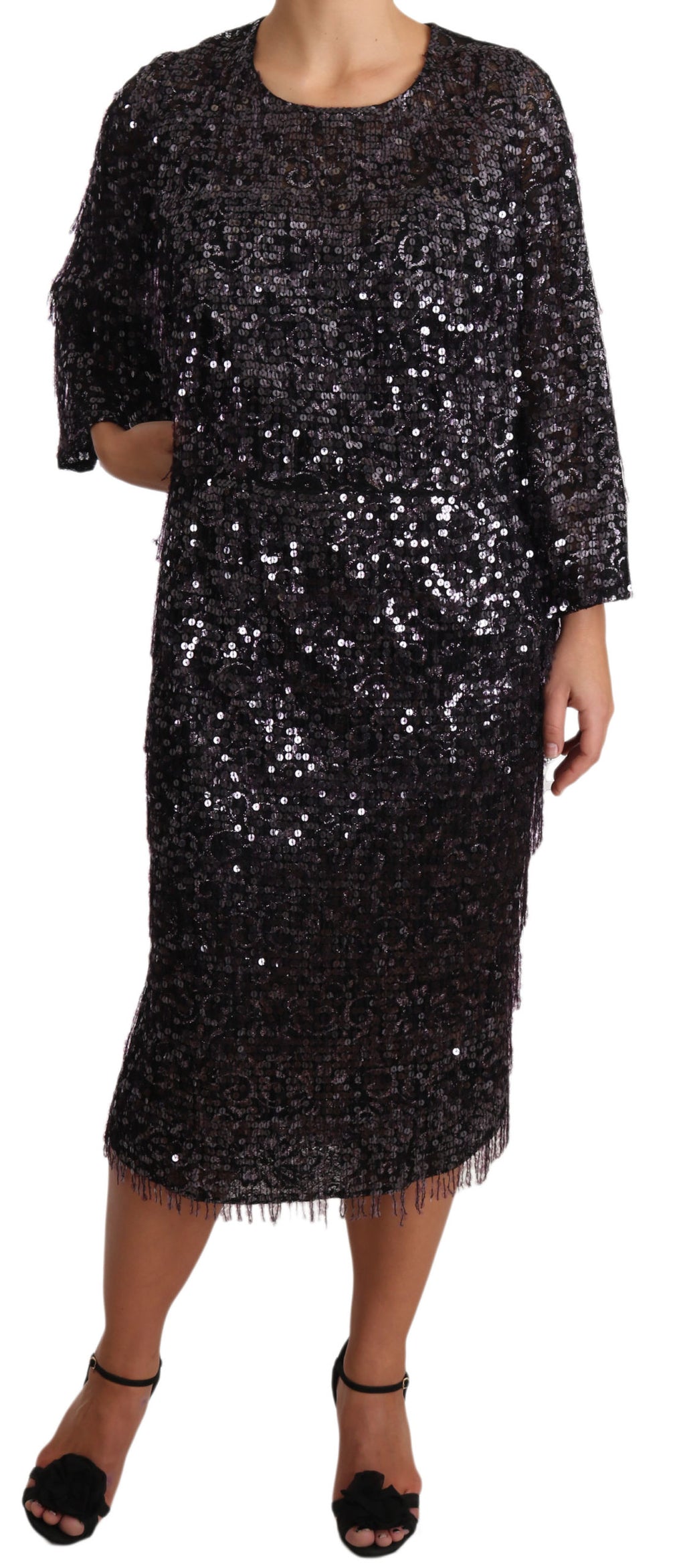 Robe midi noire Dolce & Gabbana à manches longues avec sequins, coupe droite élégante et détails brillants.