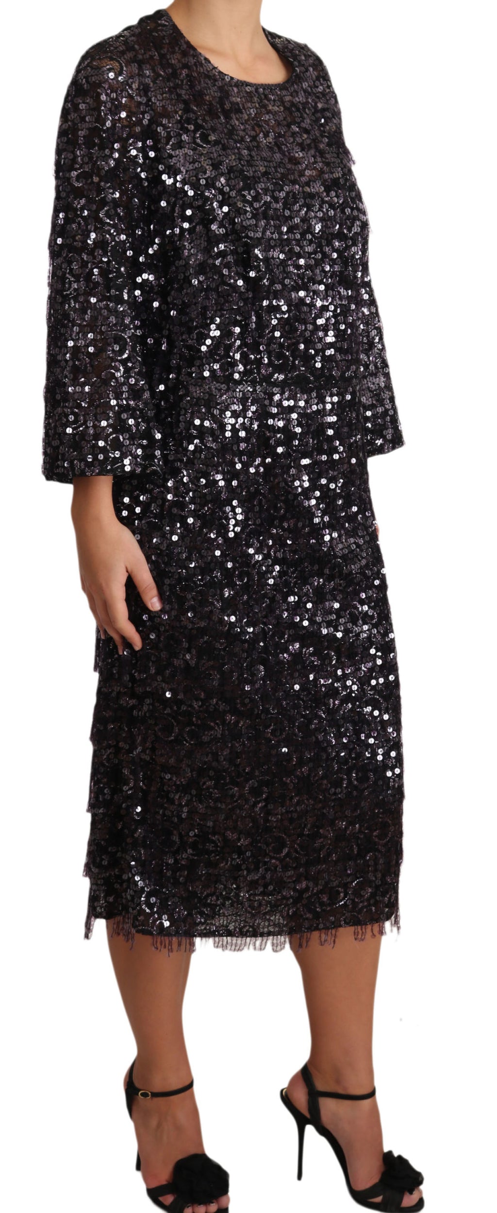 Robe midi noire à sequins à manches longues de Dolce & Gabbana, élégante et sophistiquée pour occasion spéciale