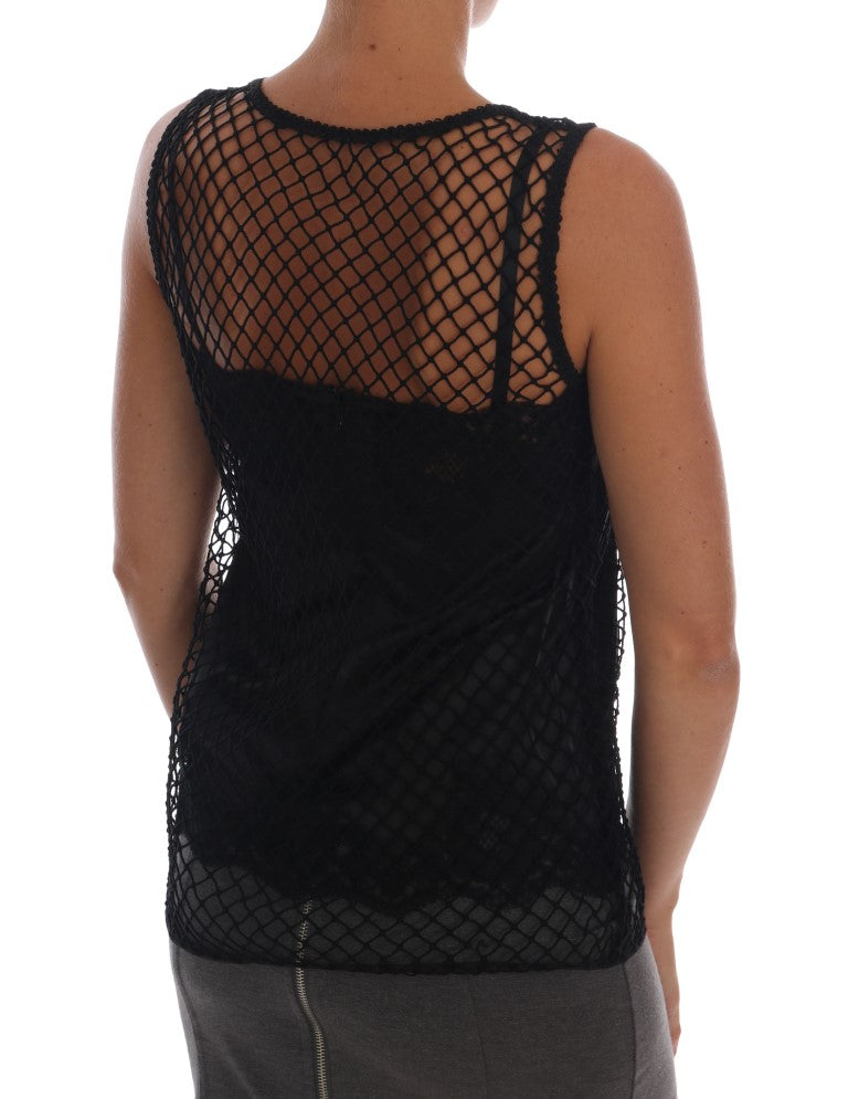 Haut en dentelle de soie noire Dolce & Gabbana avec motifs floraux en mesh, élégant et sophistiqué.