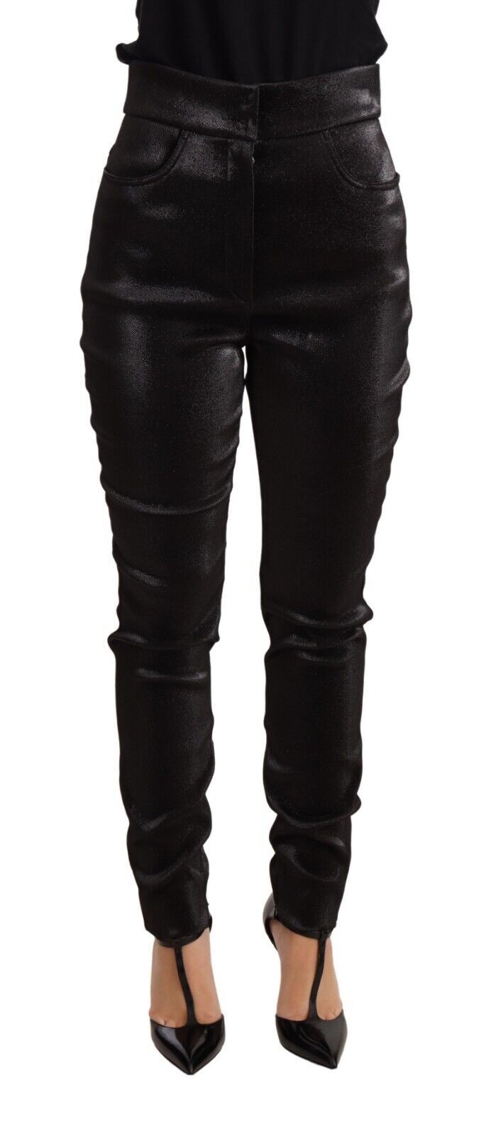 Pantalons en coton stretch noir et argent en fil lurex Dolce & Gabbana, détail de la texture brillante visible.
