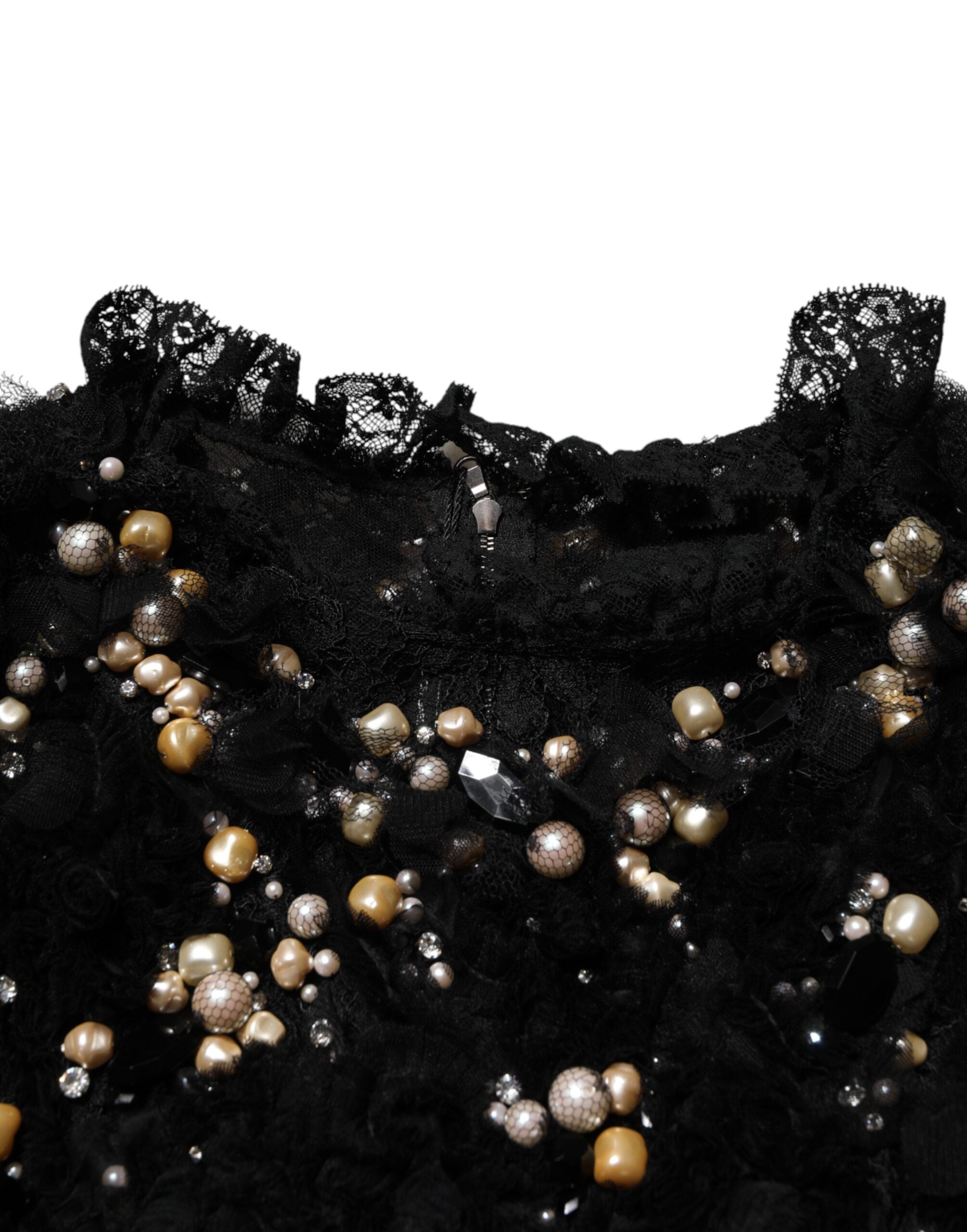 Robe shift noire Dolce & Gabbana en viscose avec perles ornementales, style élégant et sophistiqué.