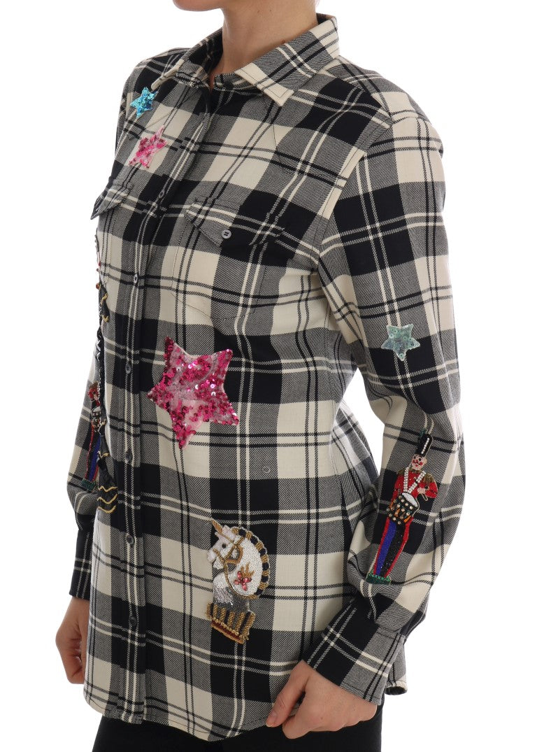 Chemise Dolce & Gabbana noire et blanche avec détails cristallins et motif conte de fées, vue de face.