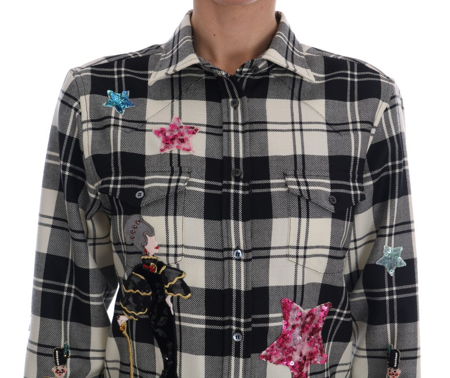 Chemise noire et blanche Dolce & Gabbana Fairy Tale avec cristaux, détails élégants, visible sur la photo.