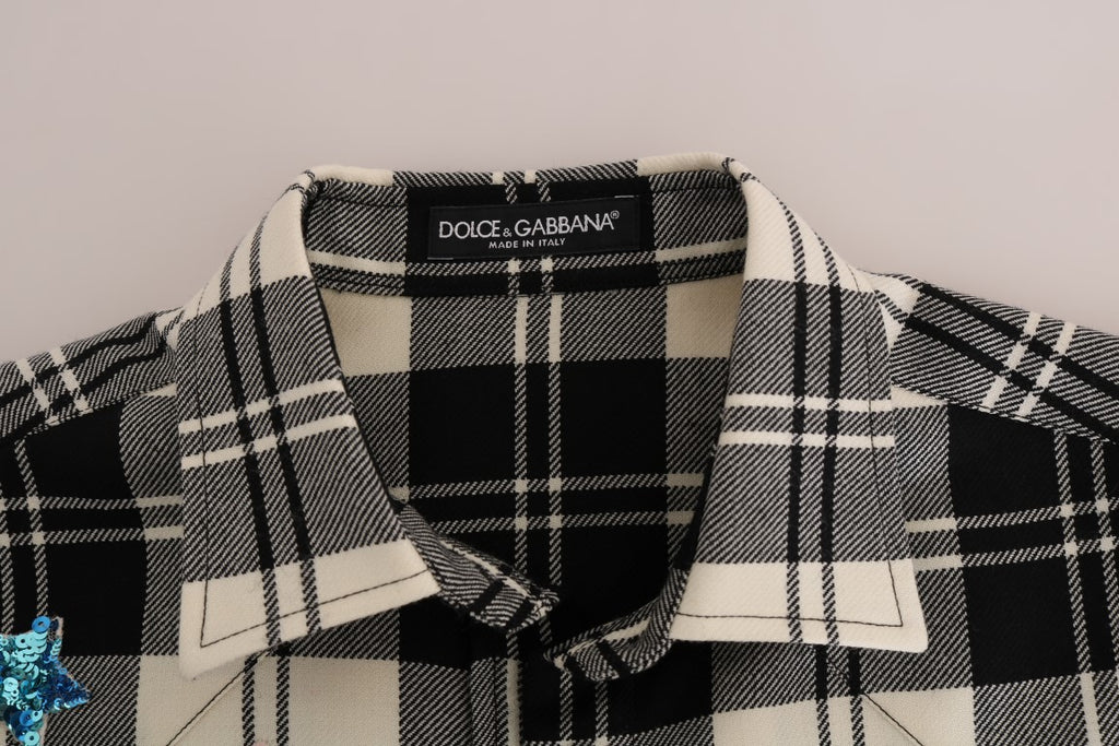 Chemise noire et blanche Dolce & Gabbana Fairy Tale avec cristaux, détails élégants et style sophistiqué.