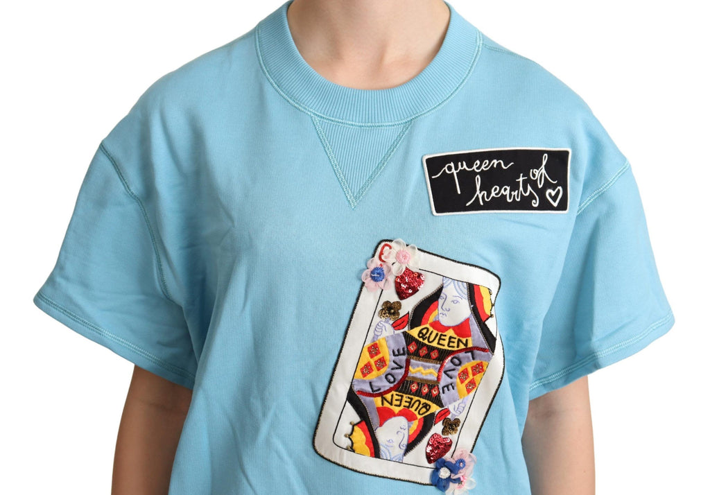 Pull Dolce & Gabbana Blue Queen of Hearts Card, sweat-shirt à manches longues avec motif carte de cœur, en coton doux.