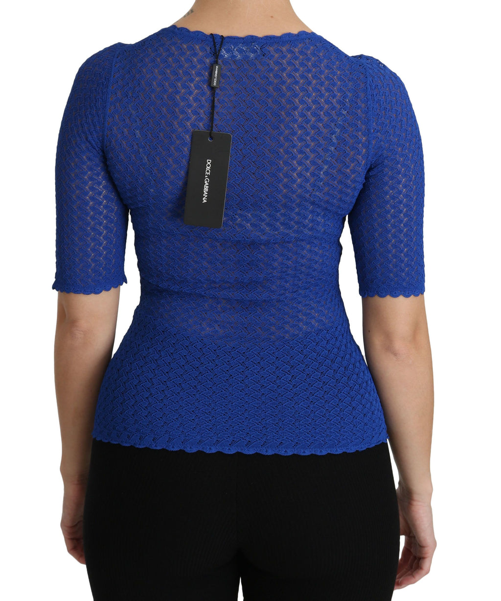 Haut en viscose bleu transparent à col rond de Dolce & Gabbana, blouse élégante et légère.