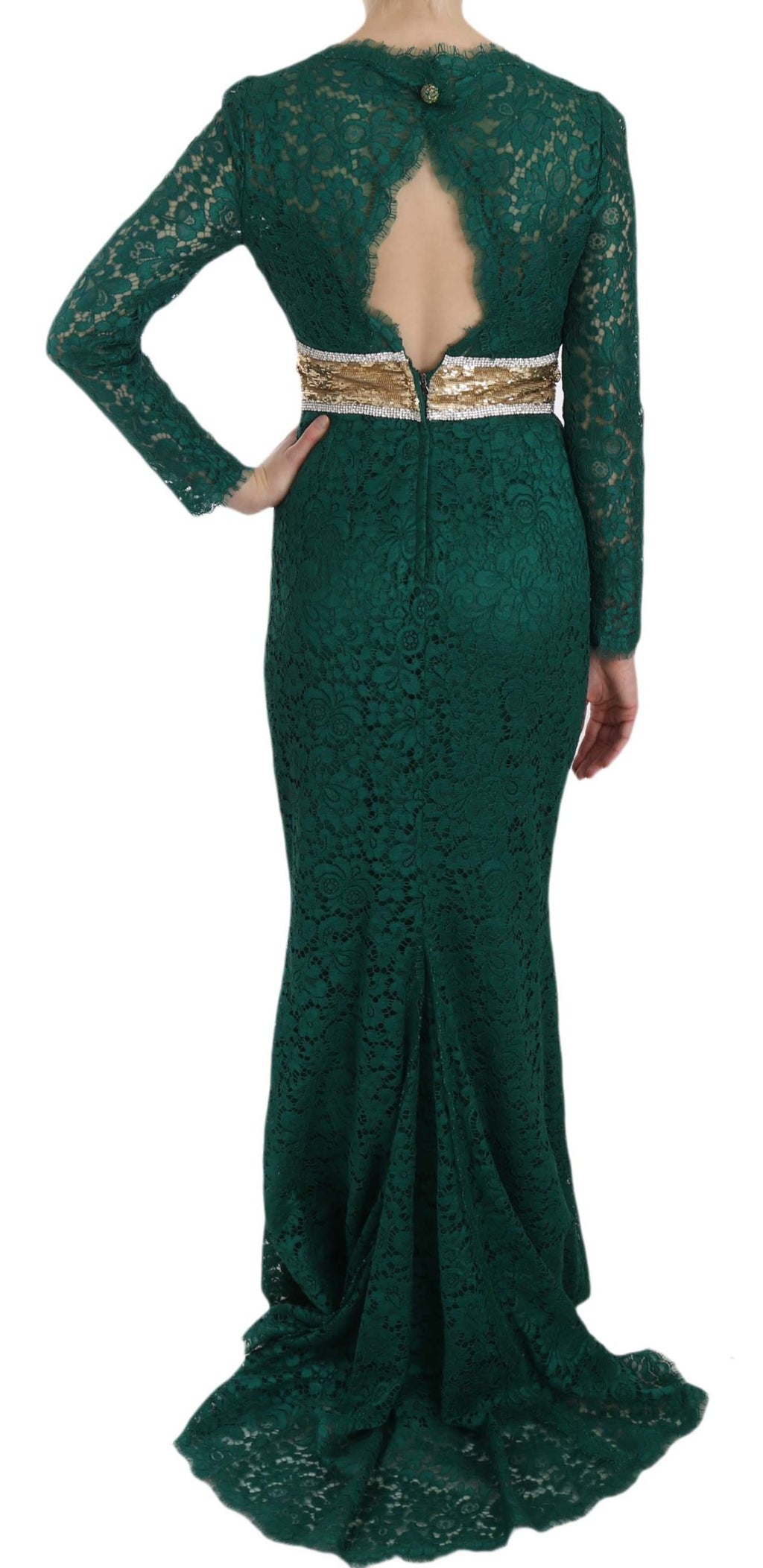 Robe longue Dolce & Gabbana en satin doré avec ceinture en cristaux et détails en dentelle, élégante et sophistiquée.