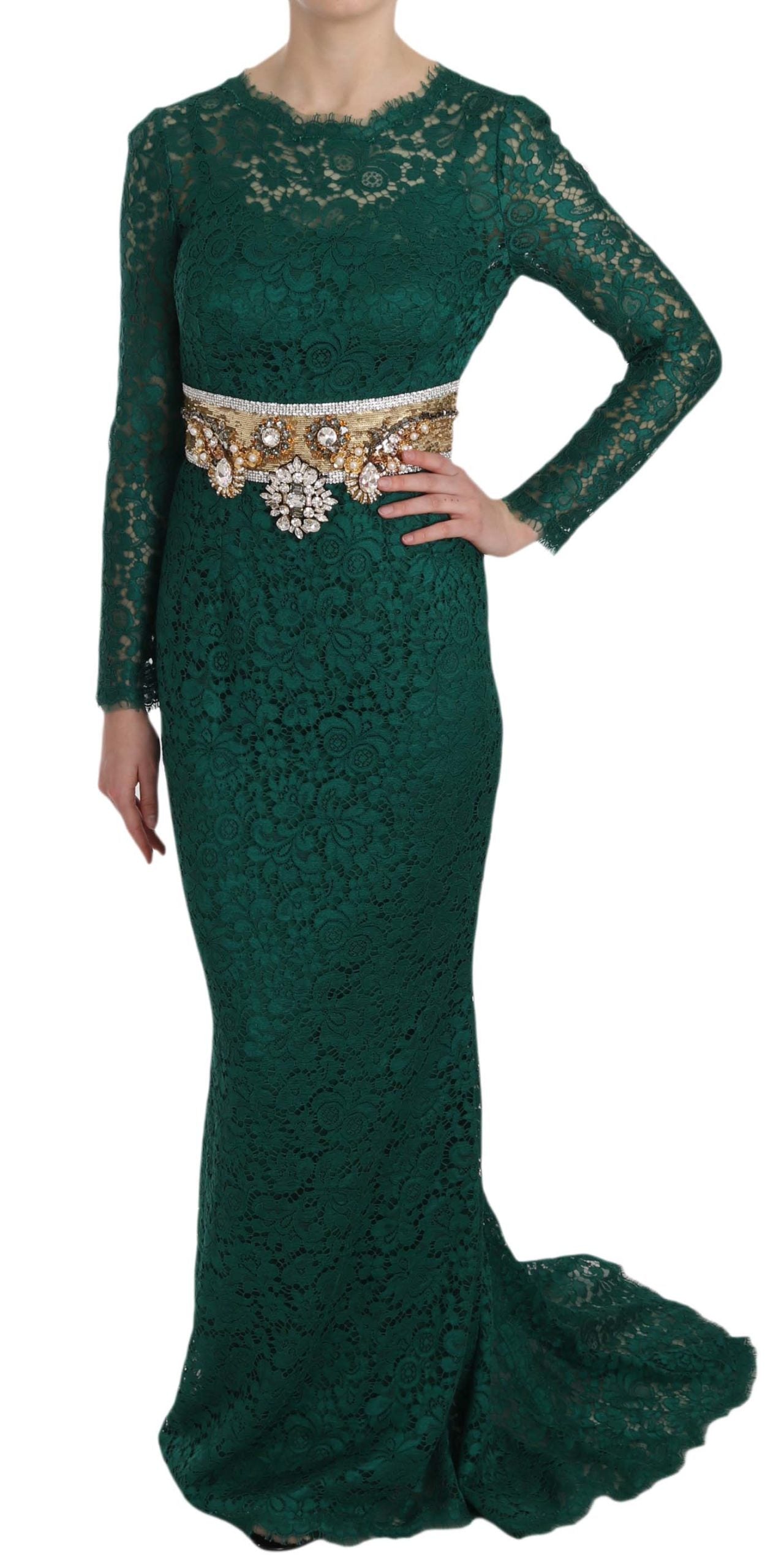 Robe longue en dentelle noire Dolce & Gabbana avec ceinture en cristal et détails dorés, élégante robe de soirée sophistiquée.