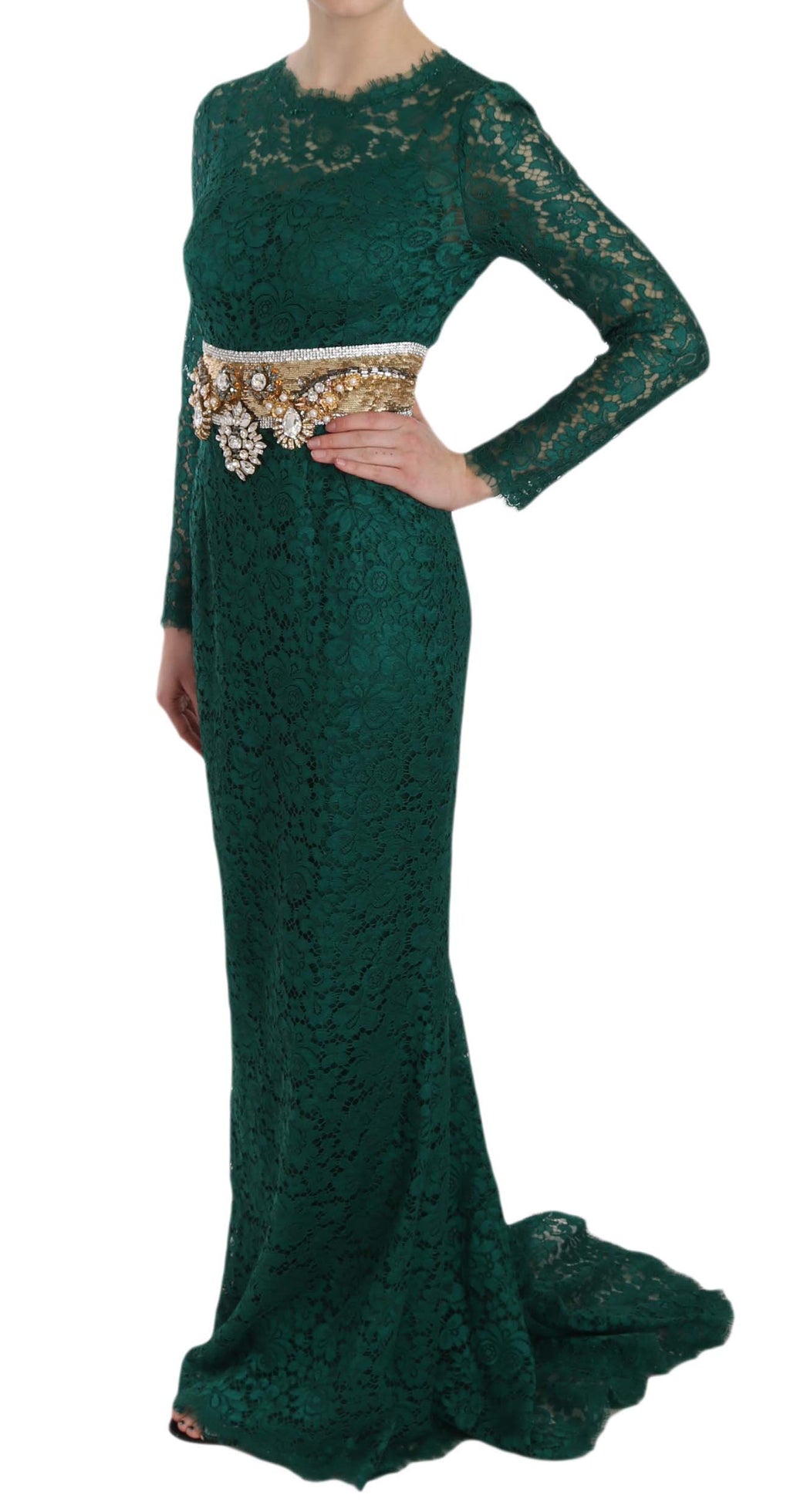 Robe longue Dolce & Gabbana en dentelle avec ceinture en cristal dorée et style cache-cœur, élégante et sophistiquée.