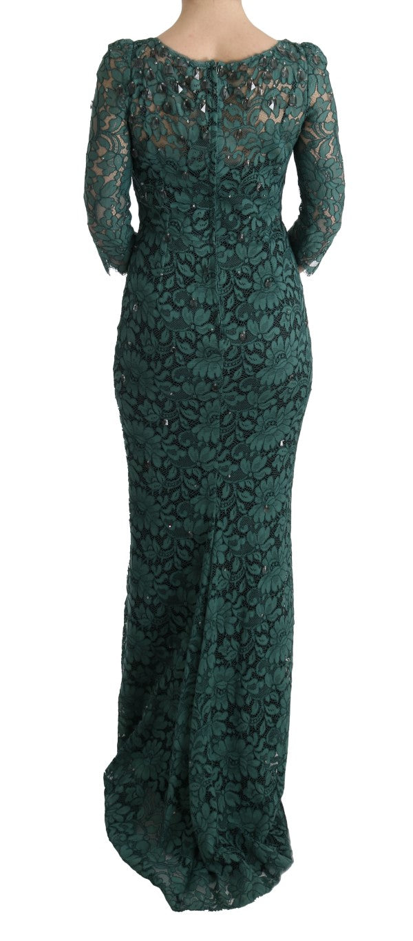 Robe fourreau florale verte Dolce & Gabbana avec cristaux et broderie Ricamo, élégante et sophistiquée.
