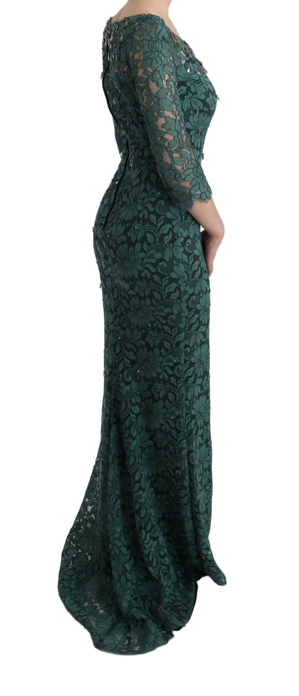 Robe droite Dolce & Gabbana verte à fleurs, broderie en cristal, robe élégante en tissu fluide.