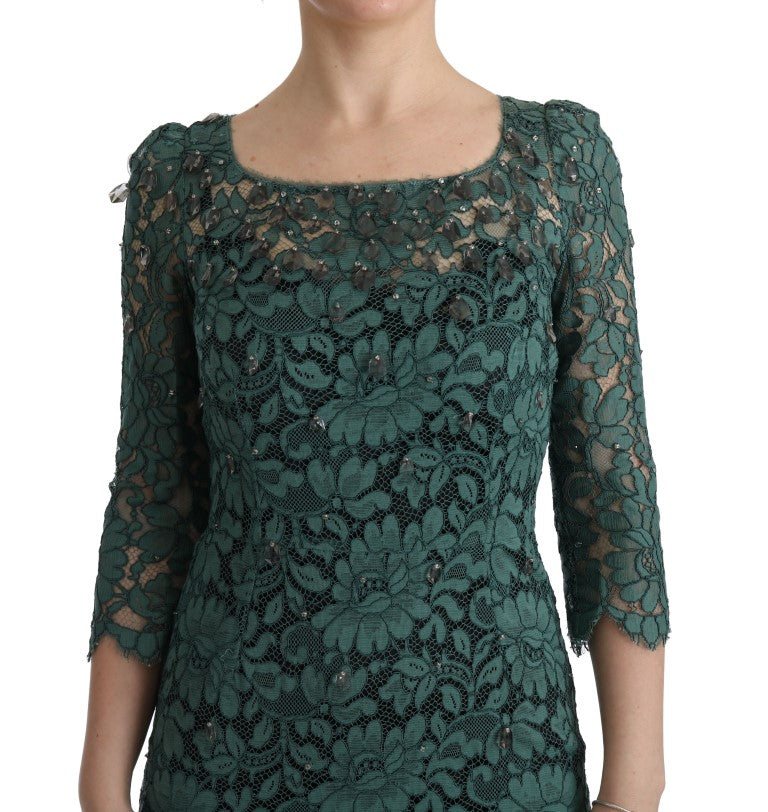Robe droite florale verte Dolce & Gabbana en cristaux et ricamo, élégante et sophistiquée.