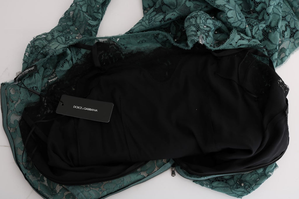 Robe fourreau Dolce & Gabbana verte à motifs floraux, broderie en cristal, élégante et sophistiquée.