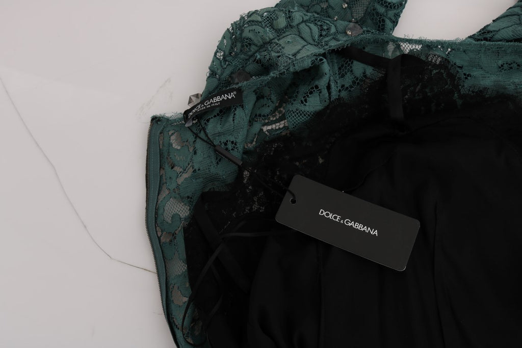 Robe droite Dolce & Gabbana verte à motifs floraux, broderie en cristal, robe élégante pour femme.
